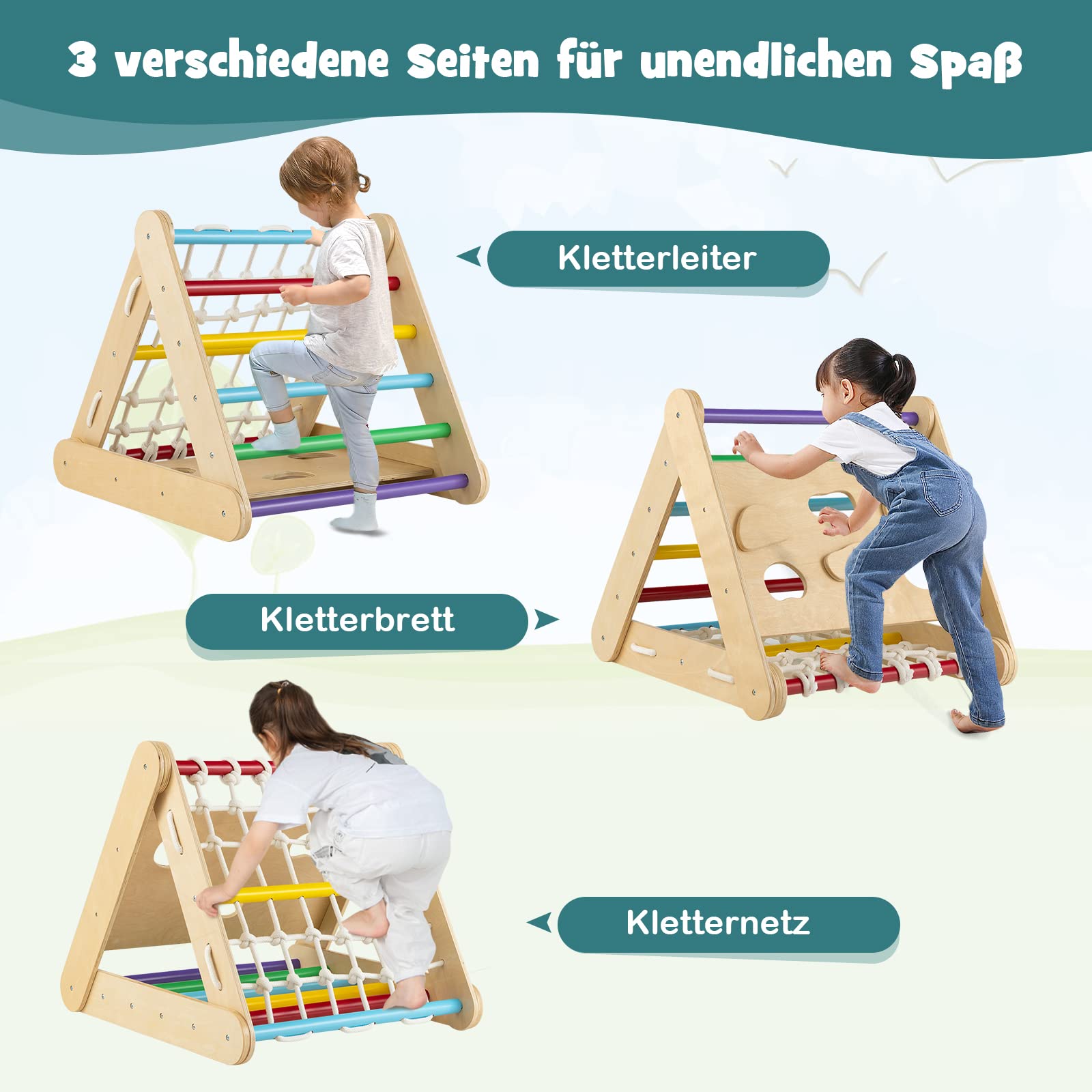 DREAMADE 4 IN 1 Kletterdreieck mit Rutsche und Kletternetz, Holzdreieck Kletterspielzeug aus Holz, Indoor Klettergerüst zum Rutschen und Klettern für Kinder ab 1 Jahr (Bunt)