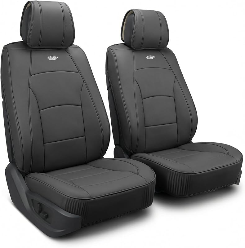 FH Group Juego De Cojines De Asiento Delanteros De Piel Sintética - Fundas De Asiento De Auto para Asiento De Respaldo Bajo, Ajuste Universal, Funda De Asiento De Auto Compatible con Airbag para SUV, Sedán, Negro Sólido