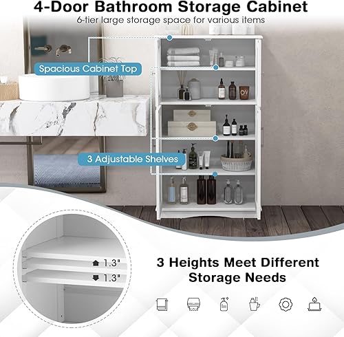 Miniatura 4 de COSTWAY Armario de almacenamiento de baño, armario de piso independiente con 4 puertas y 3 estantes ajustables, armario organizador de baño para