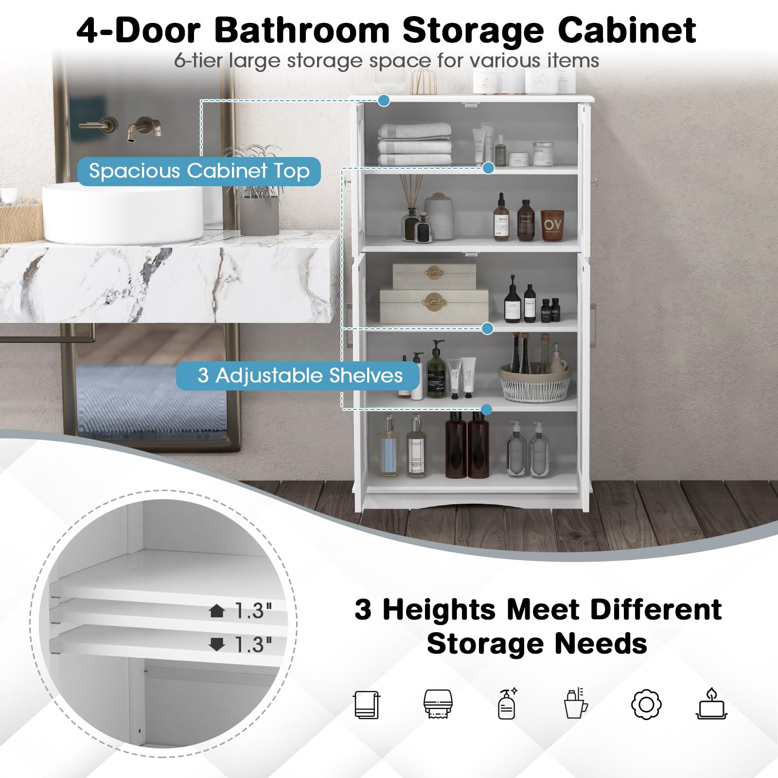 LIFEZEAL Armario de Pie con 2 Puertas y Estantes Ajustables, Armario de Suelo, Organizador de Almacenamiento para Baño, Cocina y Salón, 60 x 30 x 108 cm (Blanco)