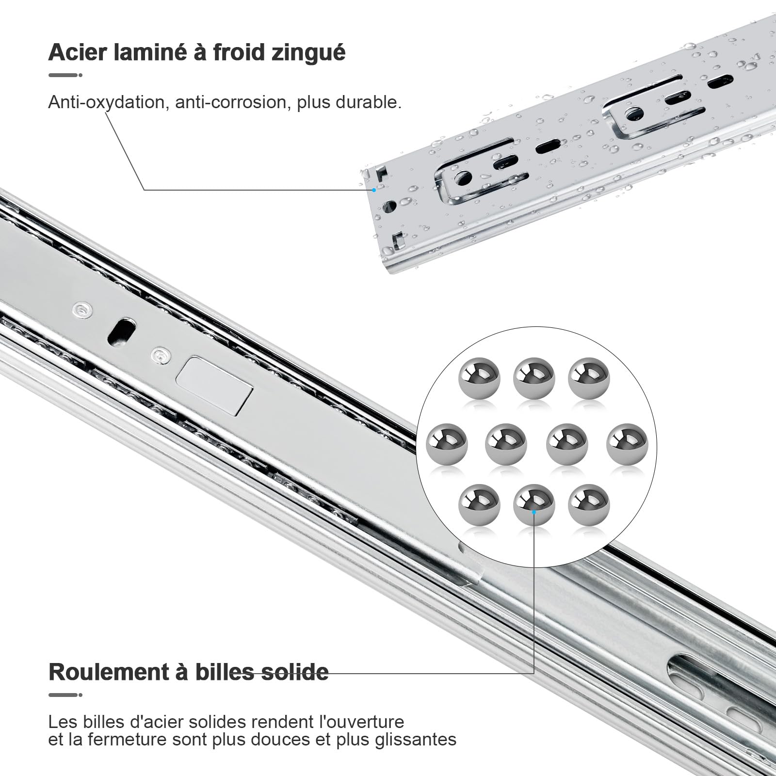 glissiere pour tiroir 6 paires (12pcs), 40cm Glissières de tiroir à fermeture automatique douce, extension complète avec glissières à roulement à billes, coulisse tiroir 45kg de capacité
