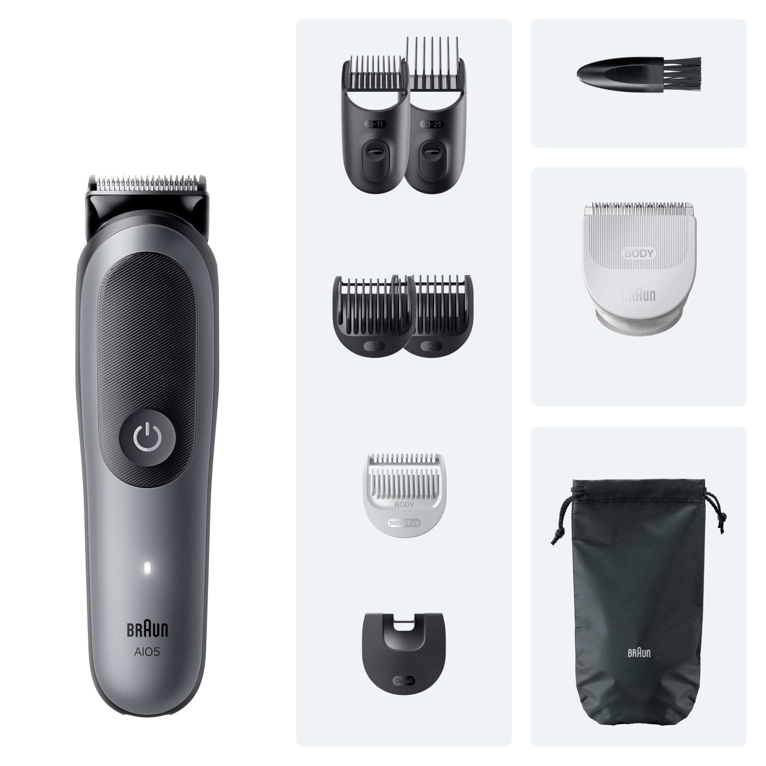 Braun Recortadora Todo en Uno Series 5, AIO5545, Kit de Styling 9en1 para Barba, Pelo, Orejas, Nariz Y Cuerpo, 120 Min, Cortapelos Hombre con Lámina Ultra Afilada, Recorte Preciso Y Eficiente, Gris — view 7