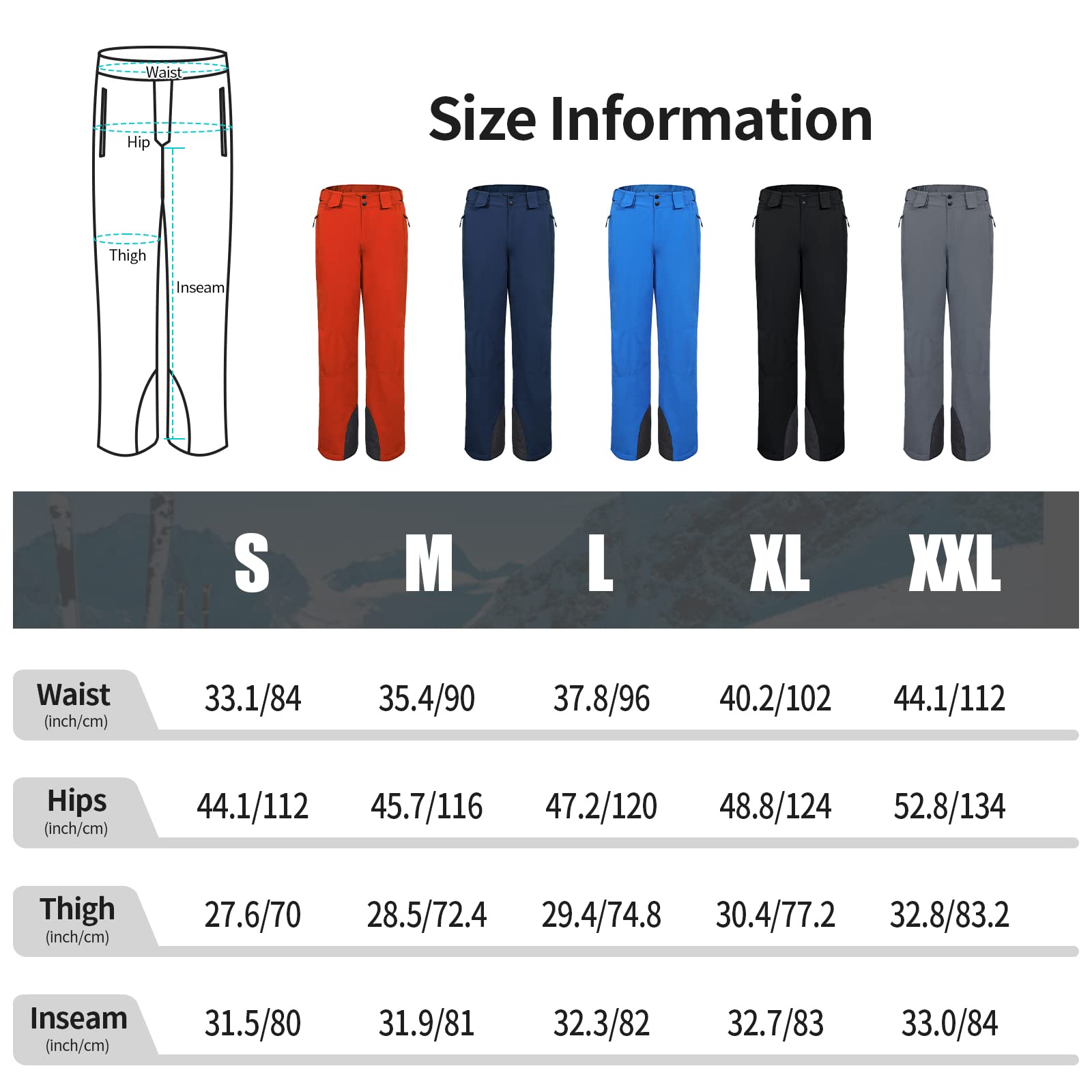AOLI RAY Herren Skihose Snowboardhose Trägerhose Wasserdicht Gefüttert Winddicht Outdoorhose mit Abnehmbar Träger
