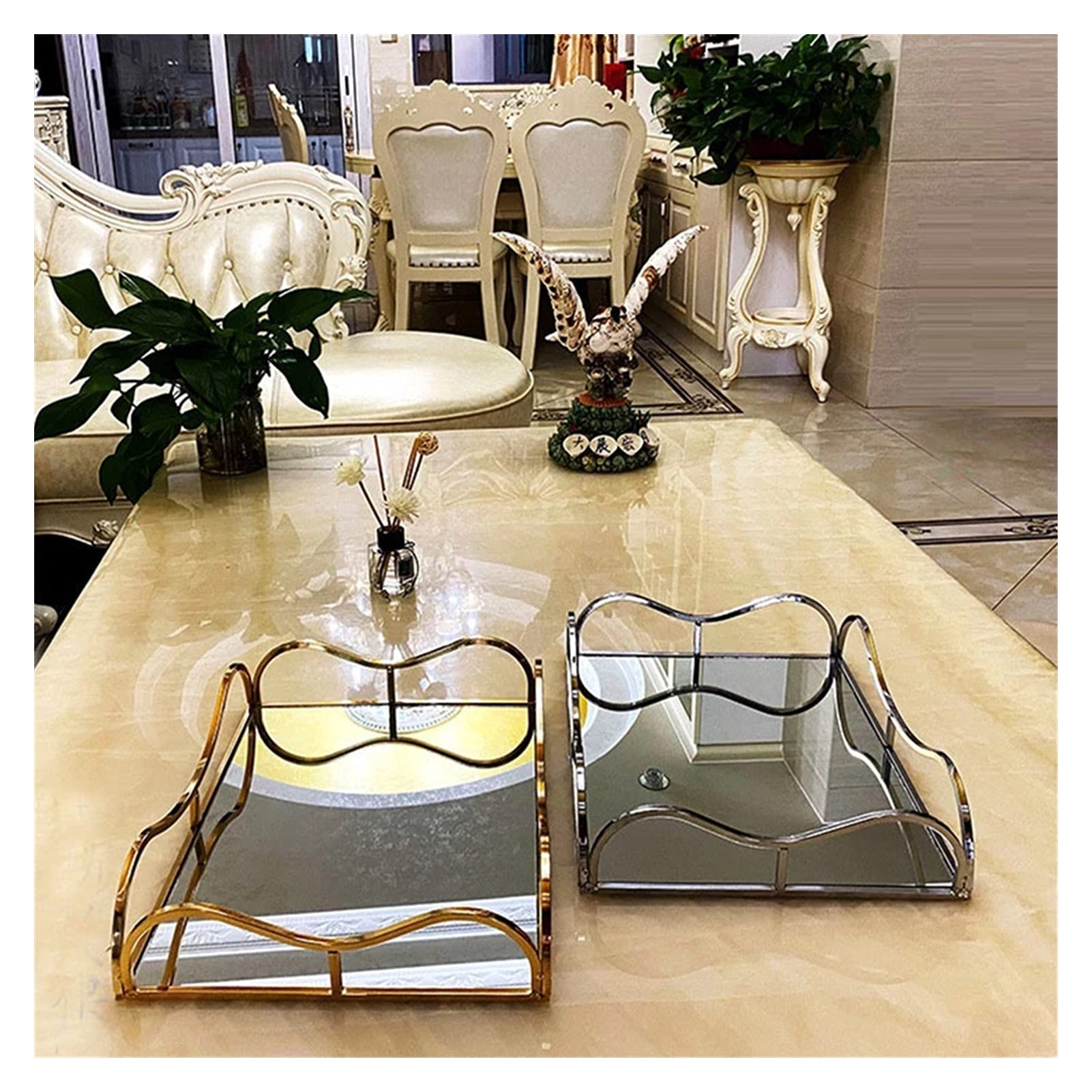 Bandeja del Metal del Oro Espejo Borde de Cristal de Vino Rojo Placa Bandeja de Almacenamiento Decoración Decoración Moderna de Almacenamiento Bandejas Baño Dresser