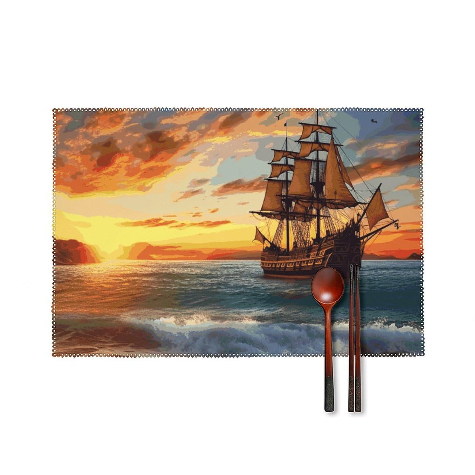 Pirate Ship in The Sunset Placemats Washable Not Fade Placemats Practical Heat Resistant Place Mats for Outdoor Patio Table Mats Kitchen Dining Party Decoration