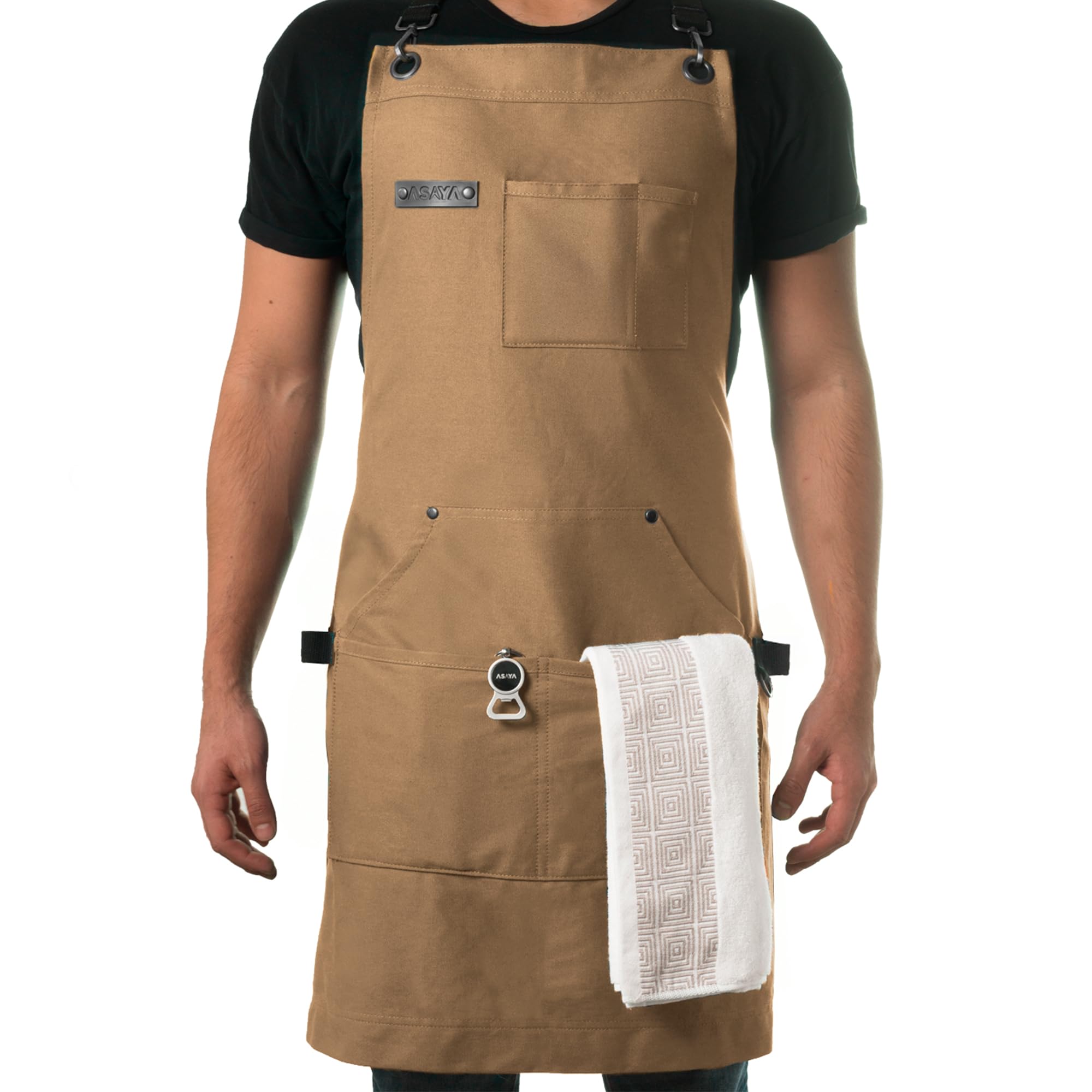 Asaya Chef and BBQ Apron with Bottle Opener and Hand Towel - 10oz Cotton Canvas, Stainless Steel Hardware - Cross Back Straps