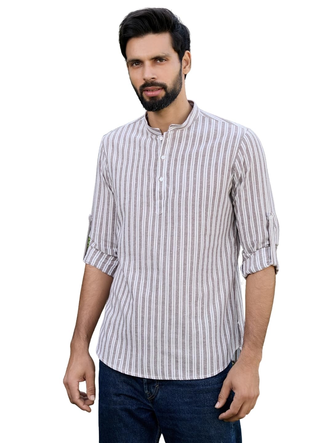See Designs Men's Roll-Up Sleeve Mandarin Collar Brown Woven Striped Cotton Short Kurta - Sdkt2953S