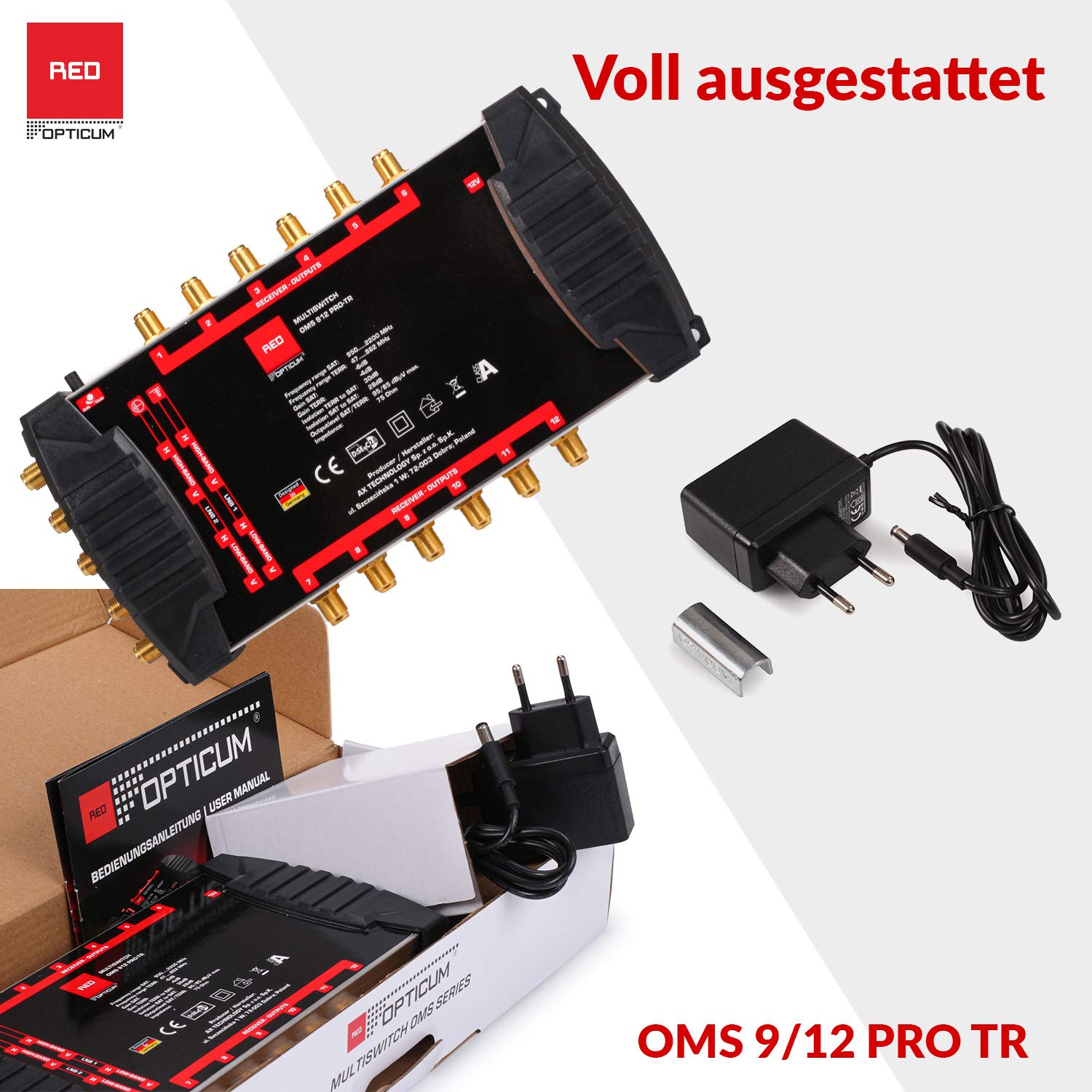RED OPTICUM Multiswitch OMS 9/12 PRO TR per la ricezione di due posizioni satellitari fino a 12 partecipanti/contatti dorati/adatto 4K, 3D, UHD/adatto Quattro LNB