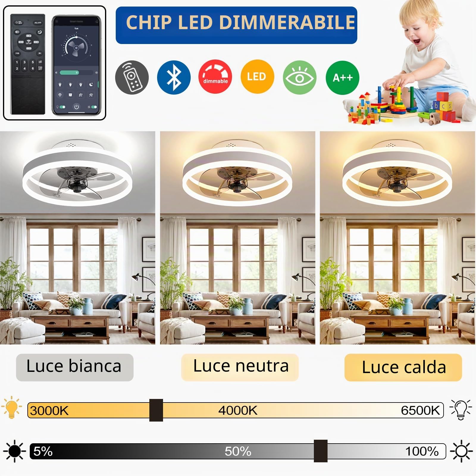 Reversibile Ventilatore da Soffitto con Luce e Telecomando Silenzioso 6 Velocita Camera LED Lampada Ventilatore Soffitto Soggiorno Moderno 24W Dimmerabile Plafoniera con Timer, Nero 40CM