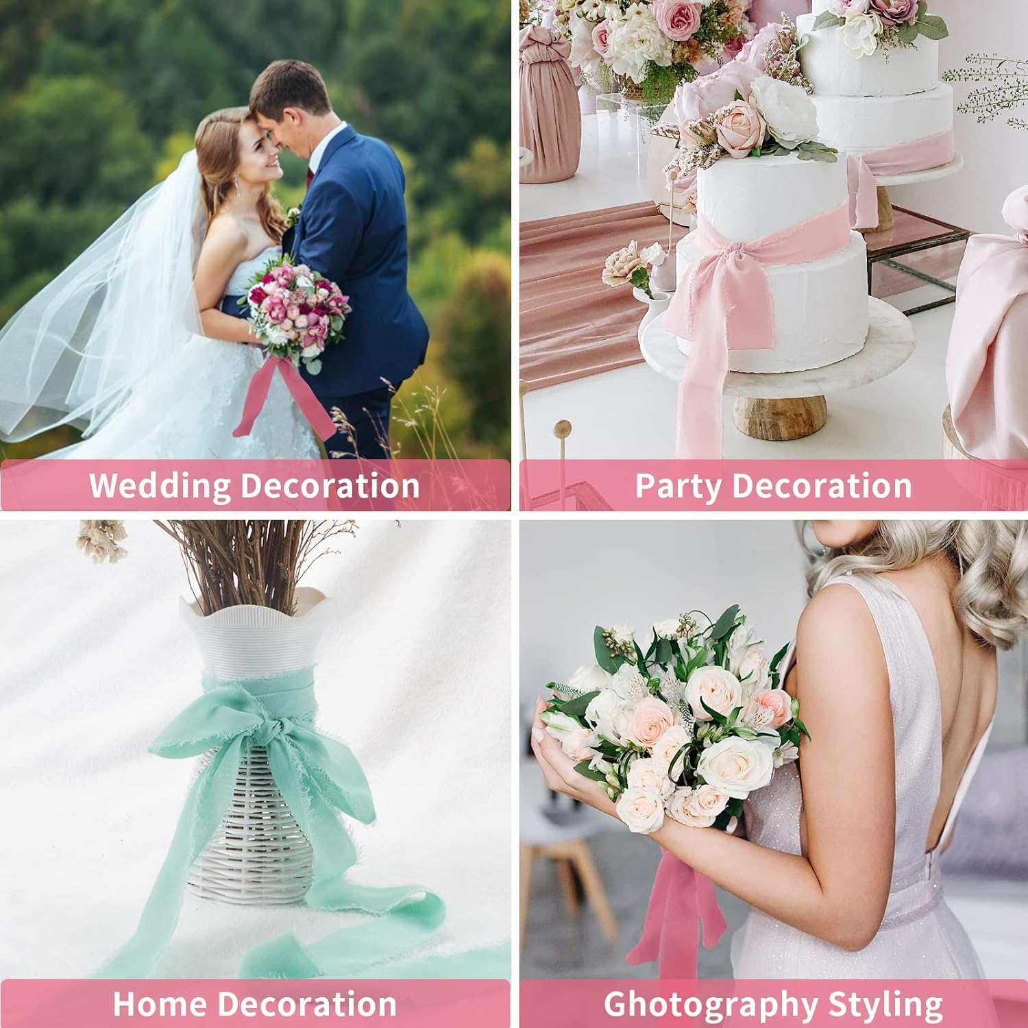Mixsuperstore - Nastro di chiffon con frange, campione, 4,4 cm x 2,7 m, 4 rotoli di nastri fatti a mano per inviti di nozze, bouquet, decorazioni per sfondo F Rose Petal