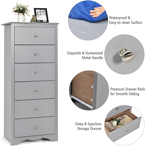 Miniatura 7 de Giantex Cómoda de 6 cajones para dormitorio, cómoda de madera con asas de metal y gran capacidad, 23.5 pulgadas de largo x 16 pulgadas de ancho x
