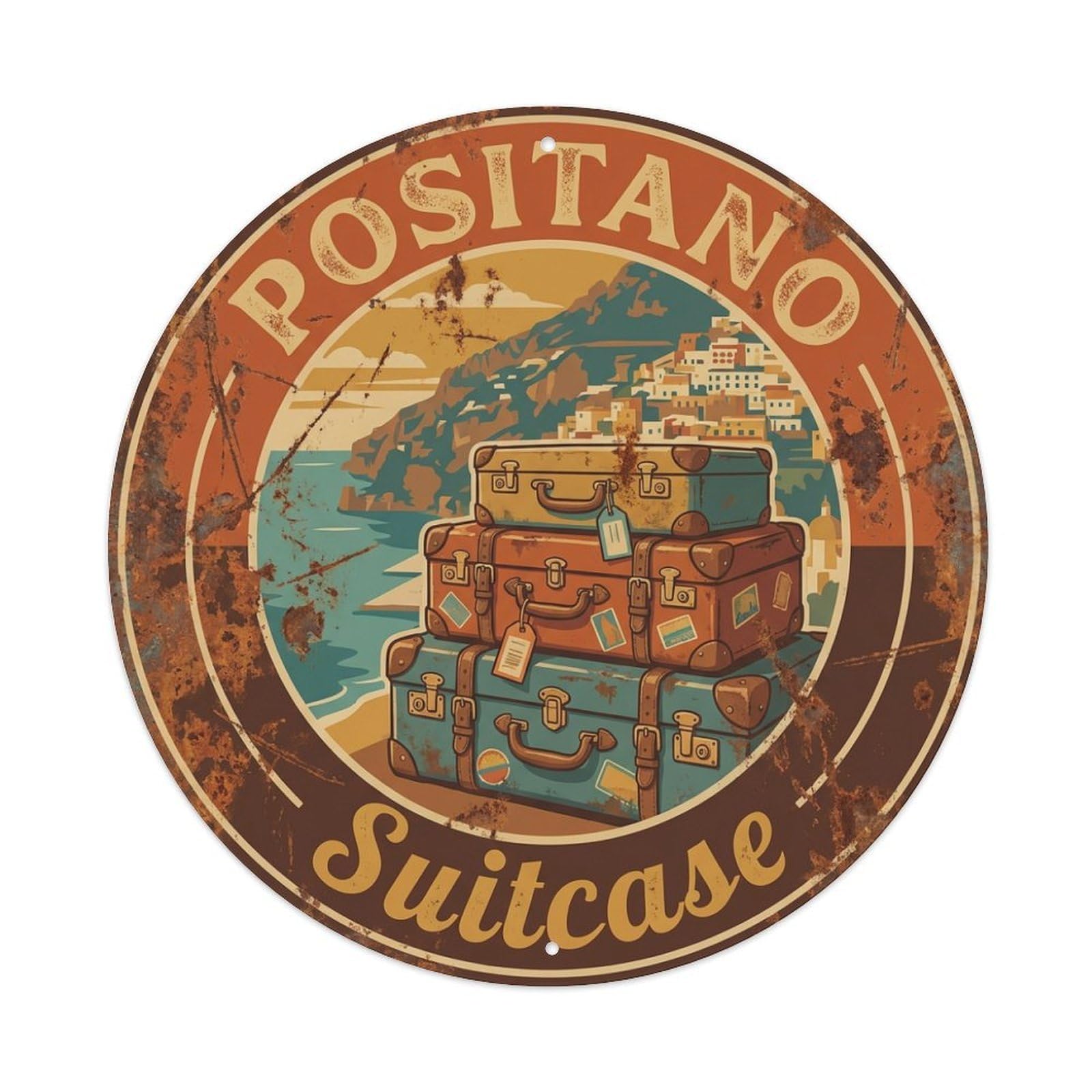 Vintage Travel Positano Italy Luggage Metal Tin Sign Plaque Wall Decor for Cafe, Club, Garden Round Metal Poster 8x8Inch