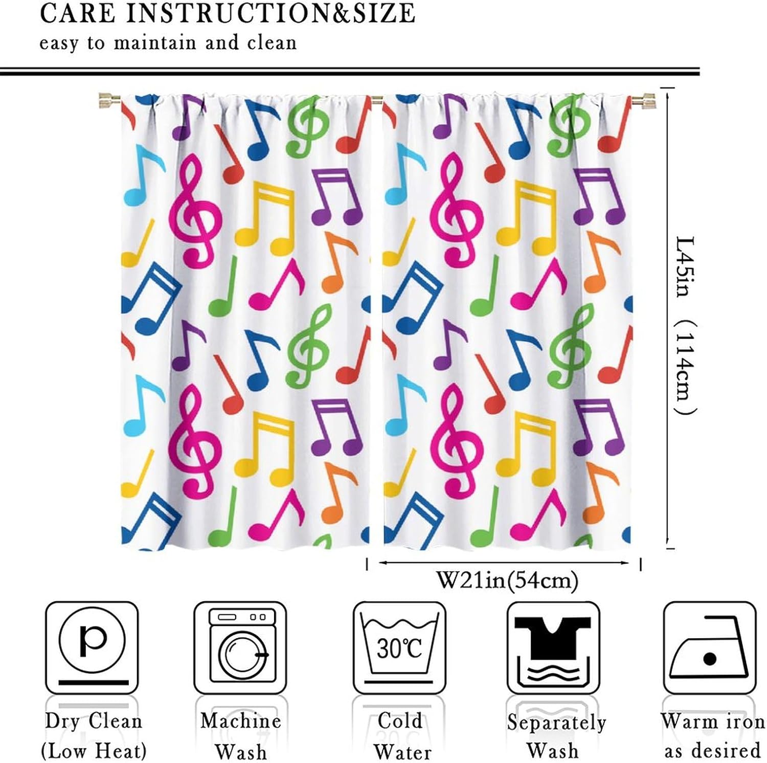 Music Equalizer Note Pattern Polyester Fabric Window Treatments, 2 Panel Set, Total Size 42" x 45", White, Rod Pocket, Unlined, 70% Opacity, Bedroom, Living Room, Music Room, Study