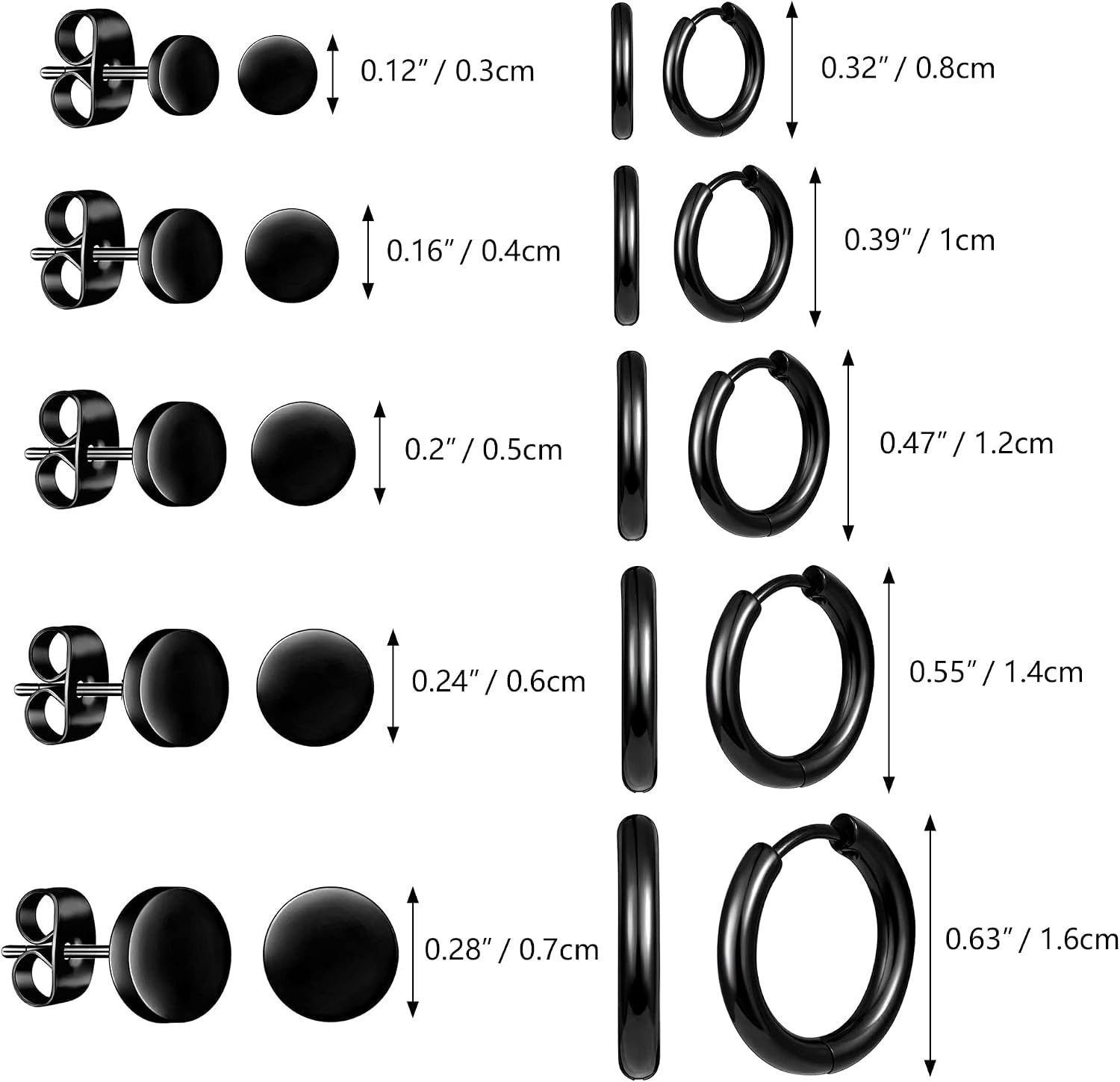 ALEXCRAFT Black Earrings for Men Small Stainless Steel Stud & Huggie & Hoop Earrings set for Men
