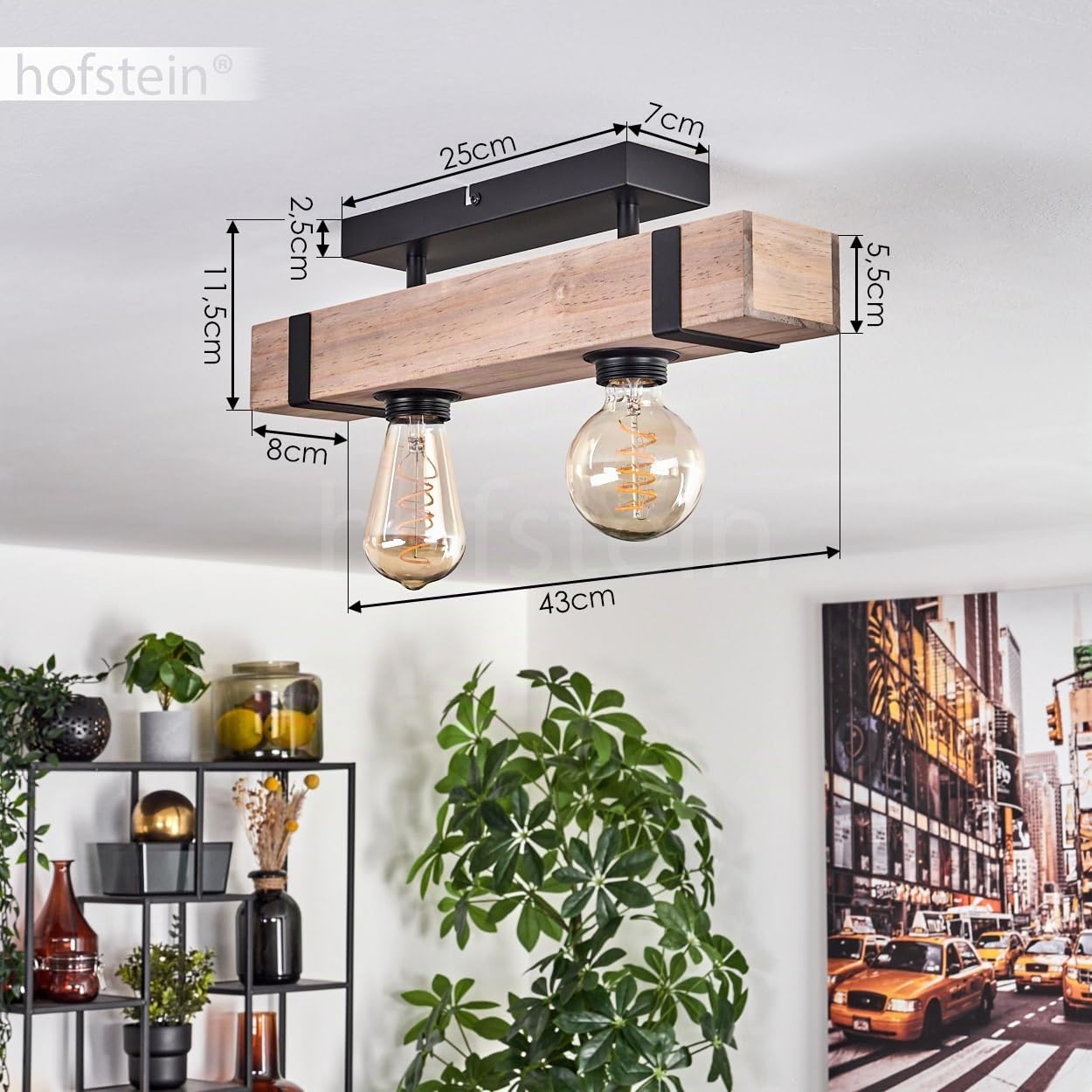 Lámpara de techo Montgomery, lámpara de techo moderna de metal/madera en color negro/natural, luminaria de diseño industrial con vigas de madera, 2 luces, 2 x E27, sin bombillas