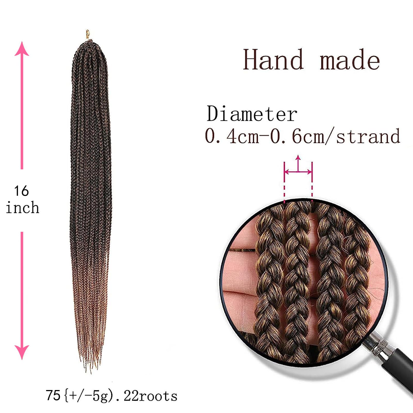 TAOYEMY Box Braids Crochet Hair Extensions 16 Inch 6 Packs, 22 Strands/Pack, Synthetic Braiding Hair for Women & Girls (T27#, 16 inch) - Image 3