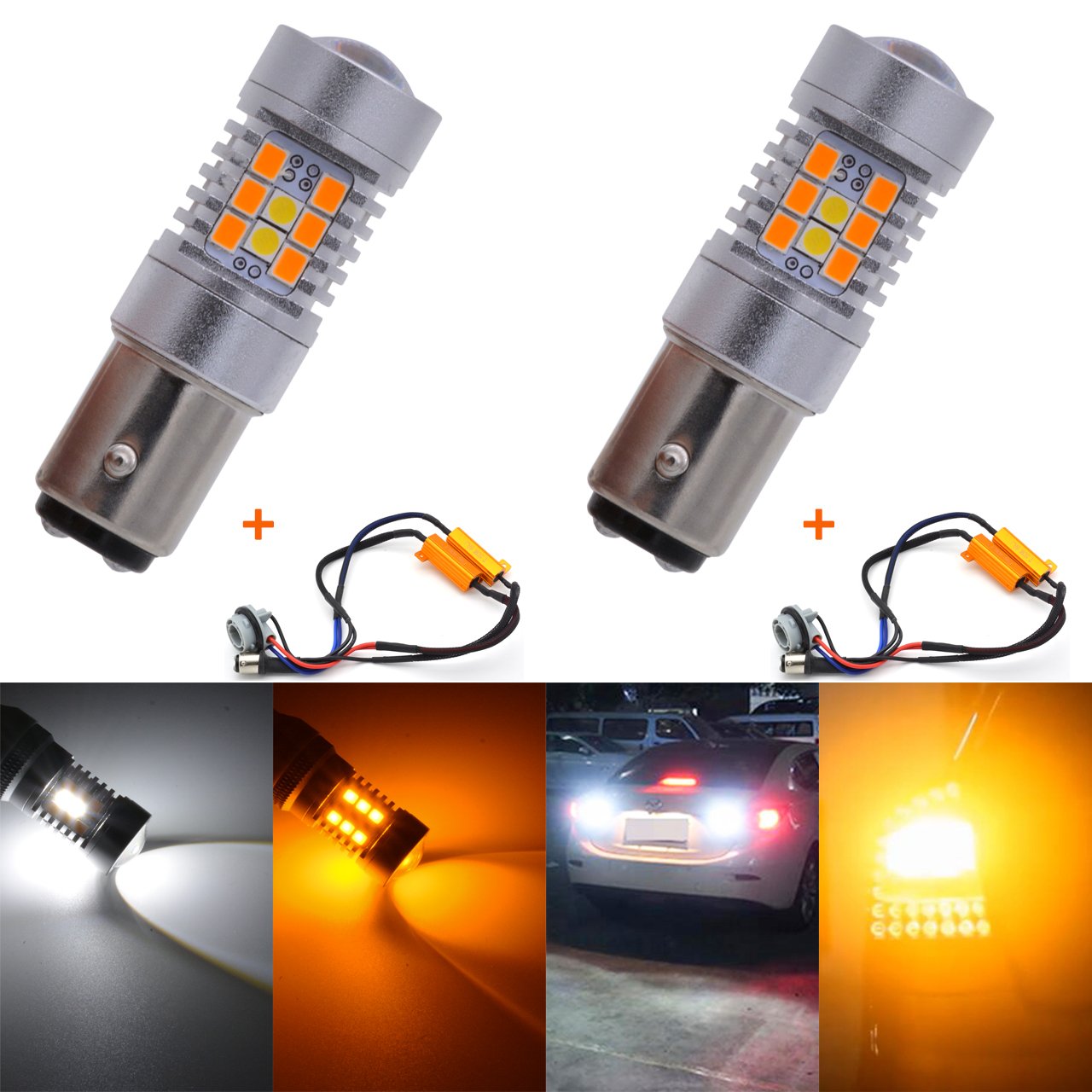 KaTur 1157 7528 BAY15D żarówki LED Switchback biało-żółte, bardzo mocne, bardzo jasne, z chipsetami 2835, z projektorem, do kierunkowskazów i świateł dziennych/DRL, z rezystorami obciążeniowymi 50 W 8