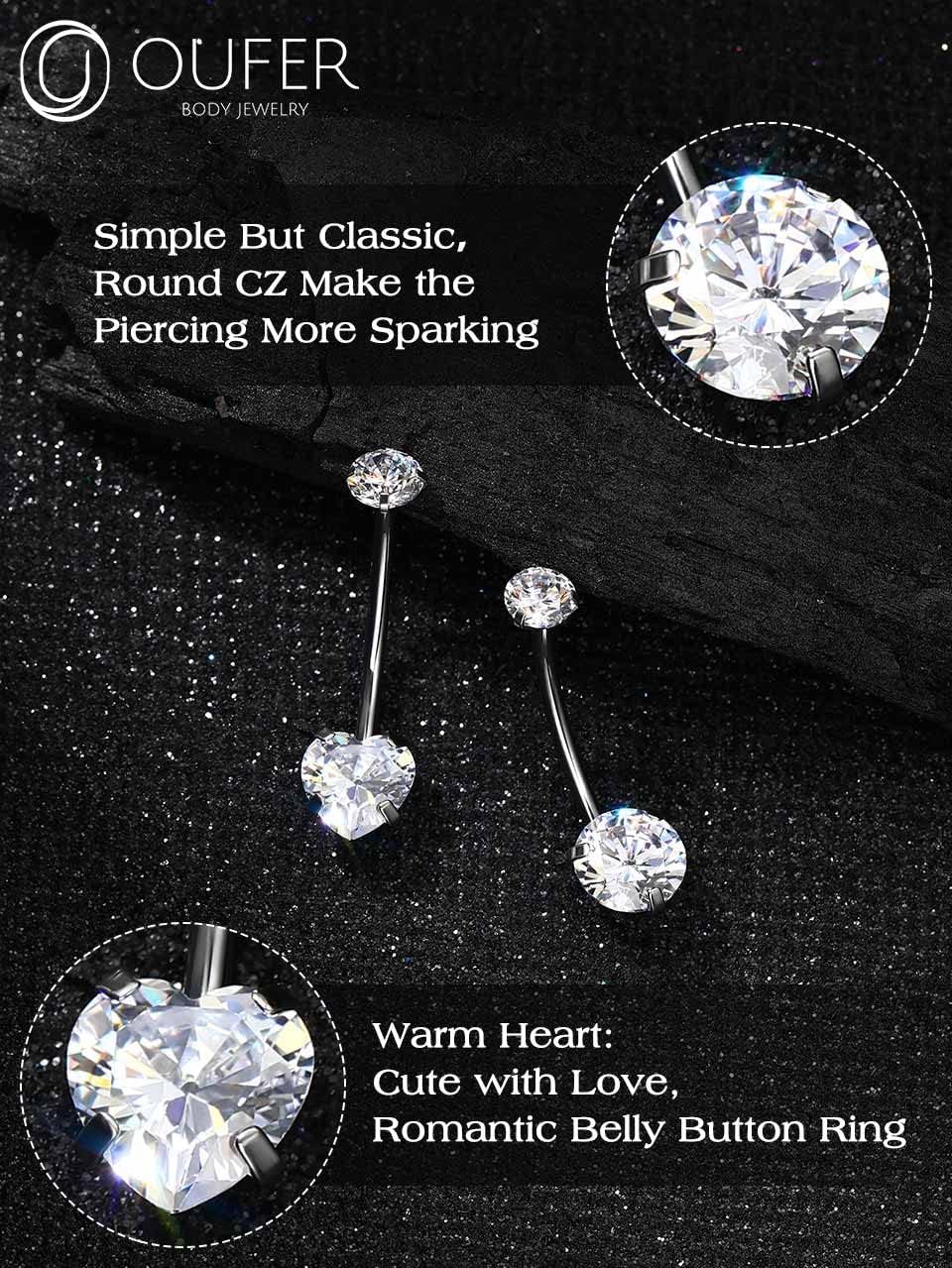 OUFER Titanium Belly Button Rings, Long Belly Piercing Jewelry, Clear CZ Belly Rings, Internally Thread Navel Piercing Jewelry For Women Men - Image 4