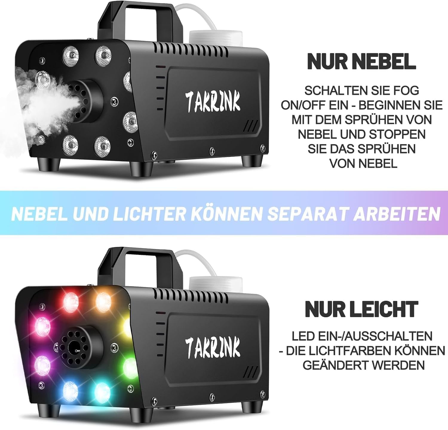 TAKRINK Rookmachine met 8 Gekleurde LED-Lampen en TAKRINK Rookmachine met 8 Gekleurde LED-Lampen en