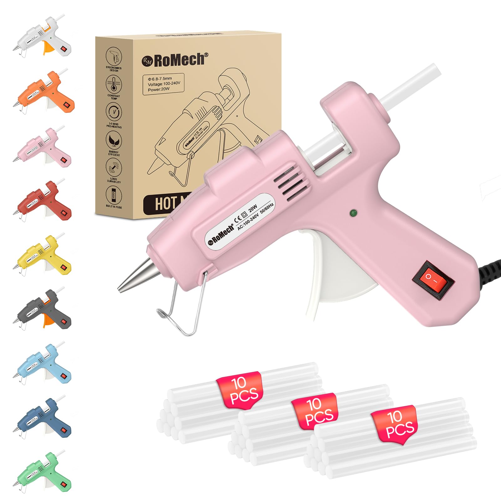 Mini pistola de pegamento caliente ROMECH de 20 W con 30 barras de pegamento, kit de precalentamiento rápido, pistola de pegamento resistente para manualidades, reparaciones de bricolaje, color rosa