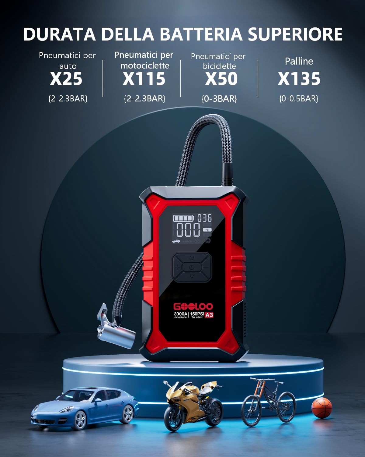 GOOLOO 3000A Avviatore Batteria Auto con Compressore, 150PSI Avviatore Emergenza per Auto con Torcia, Ricarica USB, avviatore batteria per auto (fino a 9.0L Gas/6.5L Diesel)
