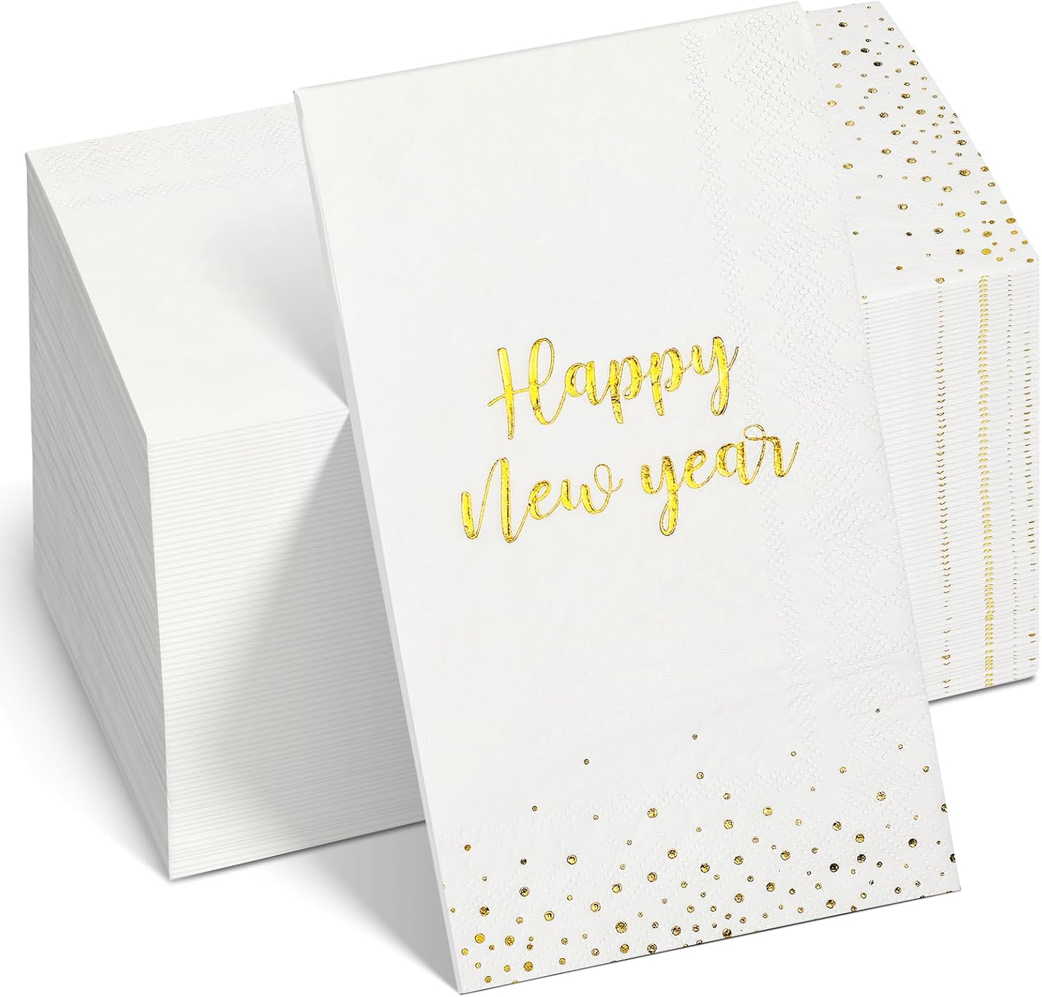 100Pcs Happy New Year Napkins, White Gold Foil Disposable Paper Napkins, Paper Hand Towels Cocktail Napkins for Christmas 2026 New Year's Eve Party Decoration and Supplies, 7.9 x 4.3 Inch