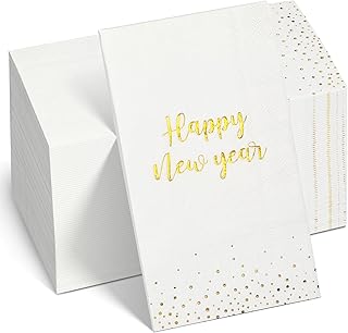 100Pcs Happy New Year Napkins, White Gold Foil Disposable Paper Napkins, Paper Hand Towels Cocktail Napkins for Christmas 2025 New Year's Eve Party Decoration and Supplies, 7.9 x 4.3 Inch