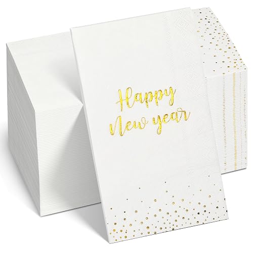 100Pcs Happy New Year Napkins, White Gold Foil Disposable Paper