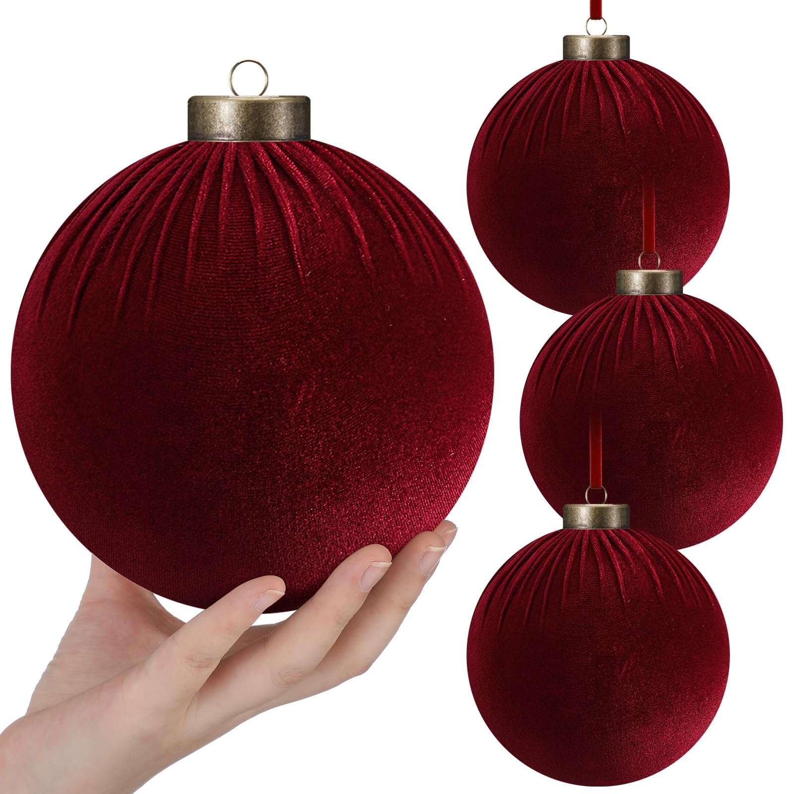 HyDren 4 Pcs Velvet Christmas Ball Ornaments, Burgundy, 5.91 in