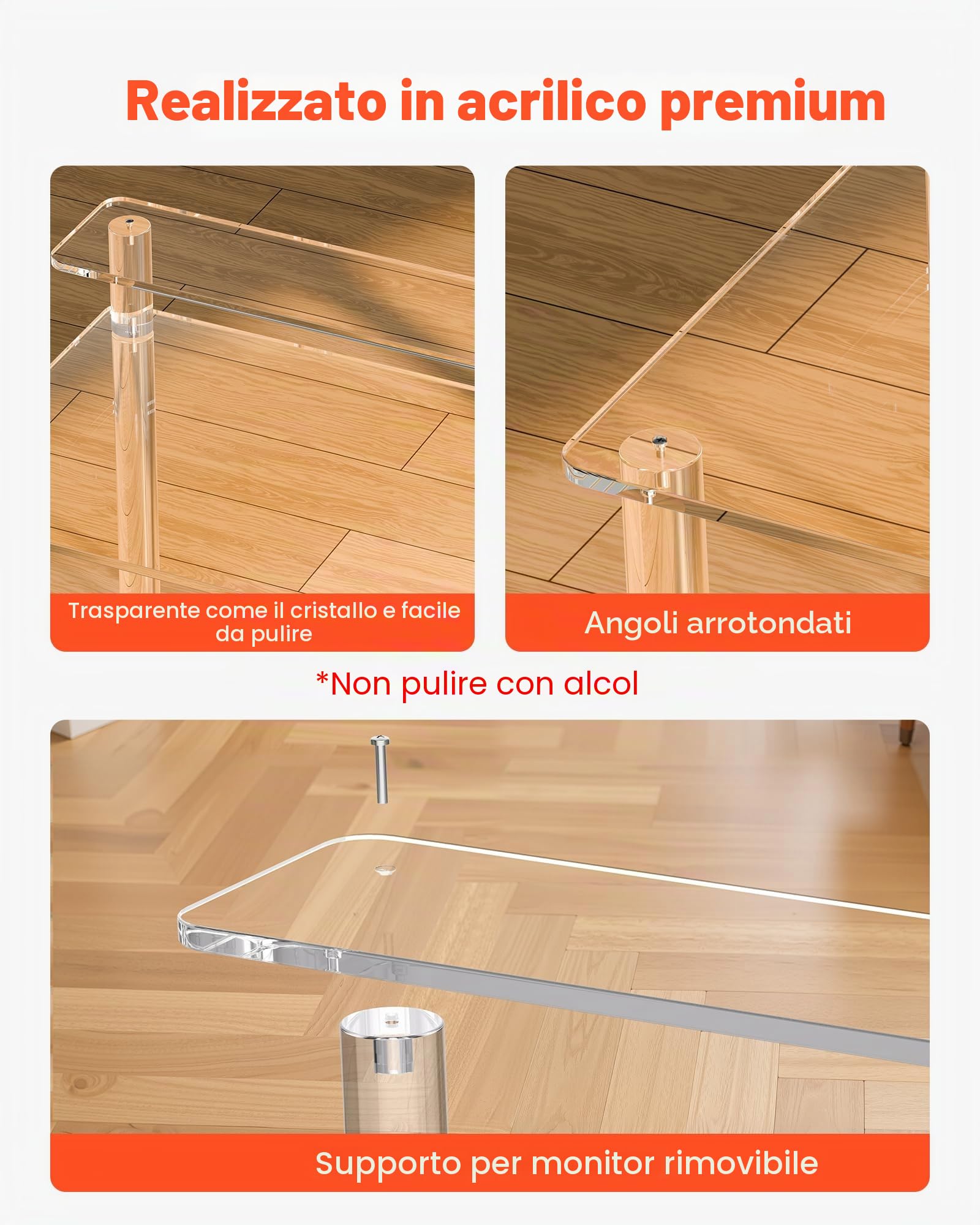 VEVOR Scrivania in Acrilico, Rettangolare a 2 Livelli Capacità di Carico 60 kg, Moderno Tavolino da Computer, per Camera da Letto, Isola Cucina, Ristorante, Ufficio, 50 x 80 x 88 cm, Trasparente
