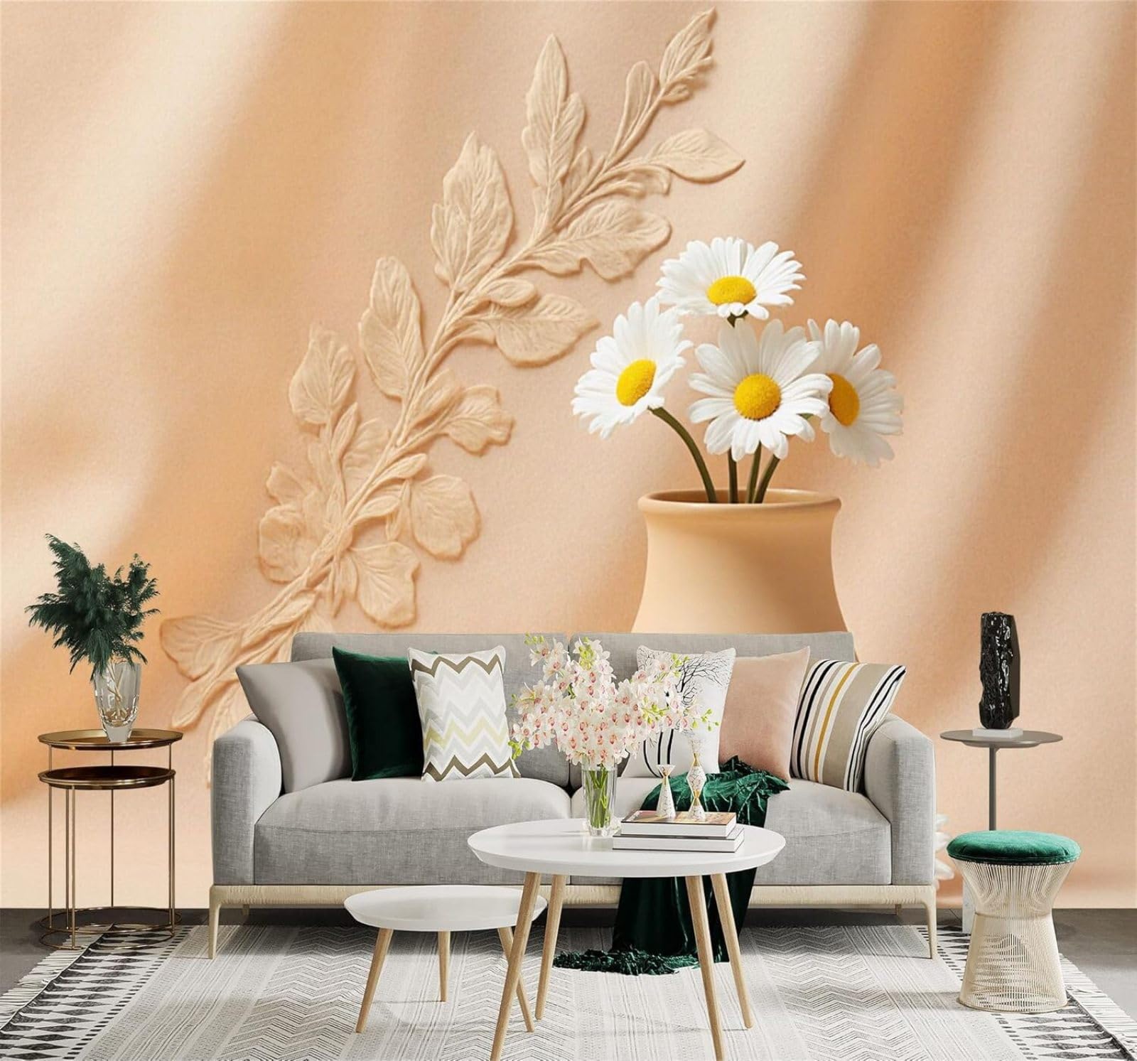 Ceramic Vase White Flowers Leaves Minimalist Soft 3D Wallpaper Creative Modern Decoration Murals Home Decor Study Living Room Bedroom Sofa Background-250cm×170cm