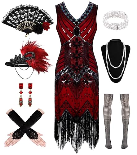 Women's 1920s Flapper Dresses, Lace Fan Feather Headband Sequin Beaded Fringes Vintage V Neck Roaring 20s Accessories - Small - Black Red