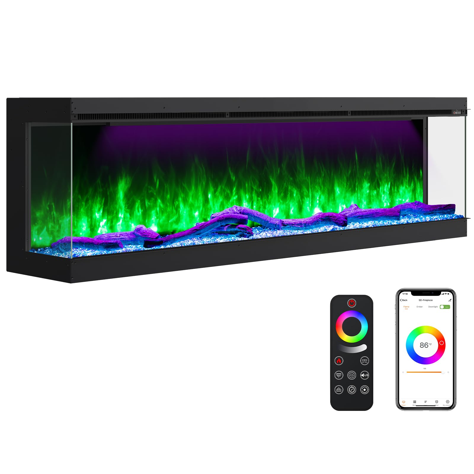 Crumisy 70-Inch Smart 3-Sided Electric Fireplace, App & Remote Controlled Wall Insert with 251 RGB Flame Colors, 1500W/750W Recessed Heater for Large
