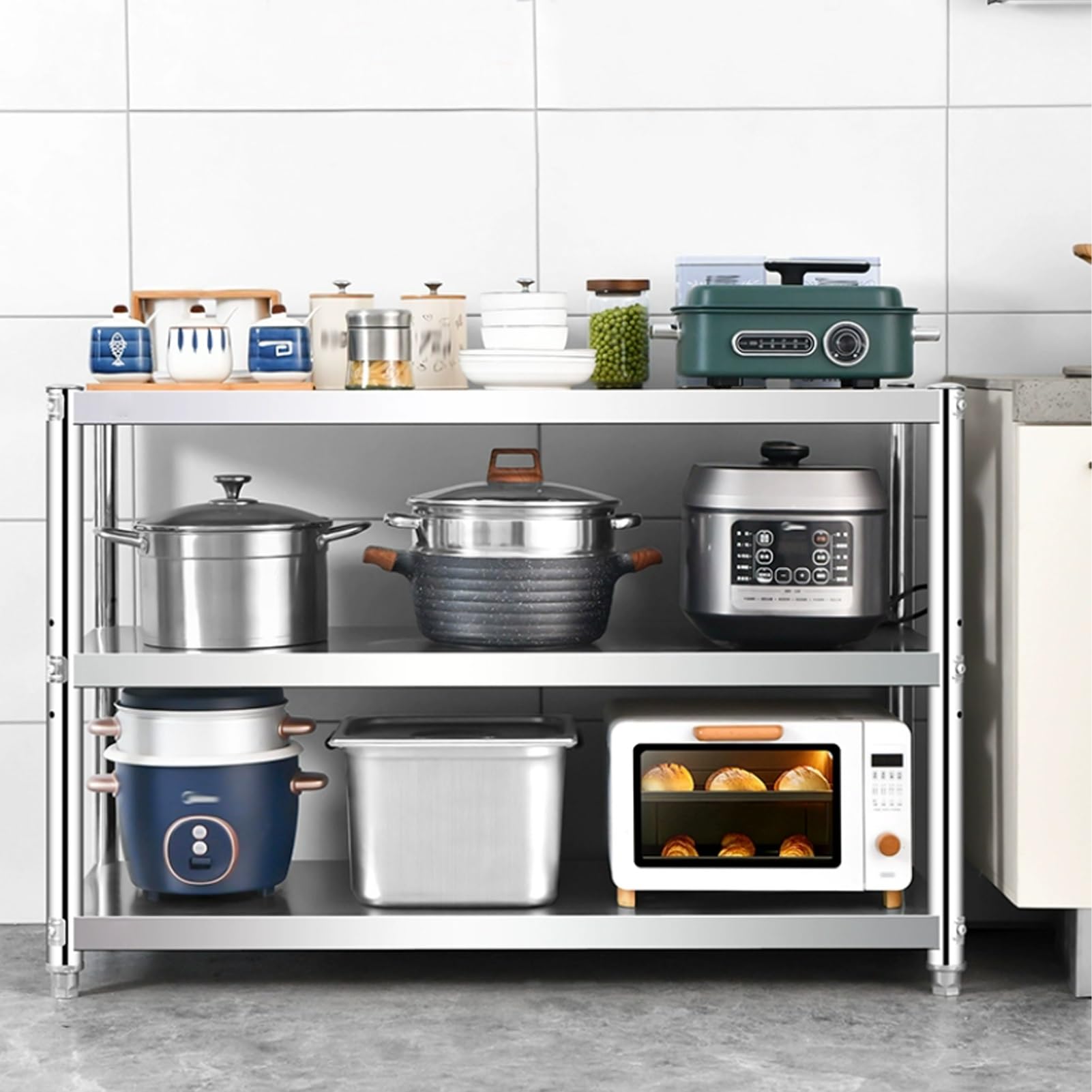 Scaffale da cucina in acciaio inox, a 3 ripiani, in metallo, per microonde, scaffalatura industriale, per uffici commerciali, garage e ristoranti (100 x 45 x 80 cm)