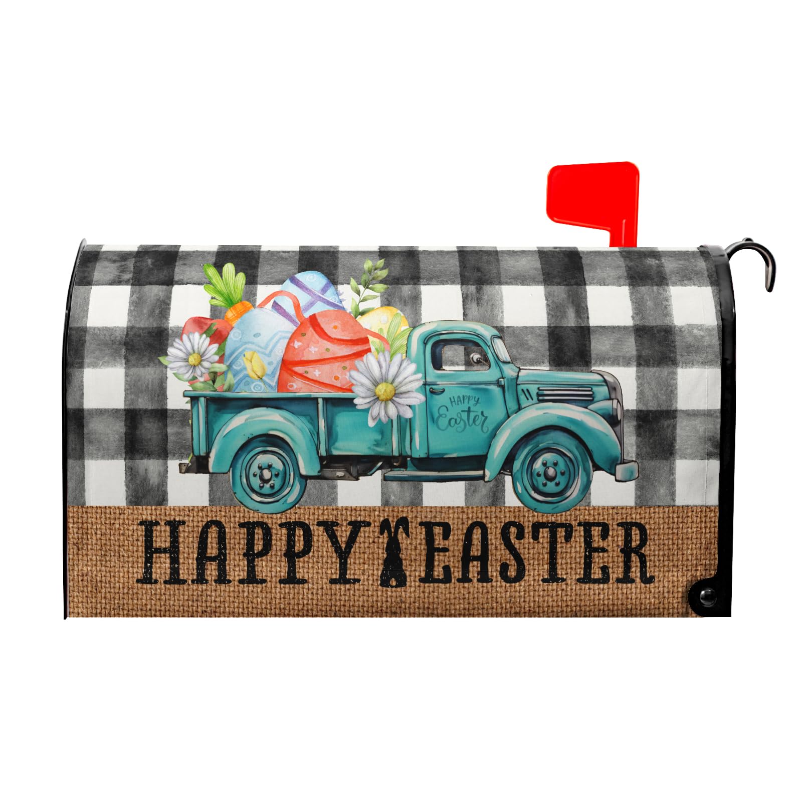 Happy Easter Buffalo Plaid Truck Eggs Mailbox Cover - Standard Size 18 X 21 Inch Spring Holiday Mailbox Wrap Post Letter Box Decorative for Home Outdoor Garden
