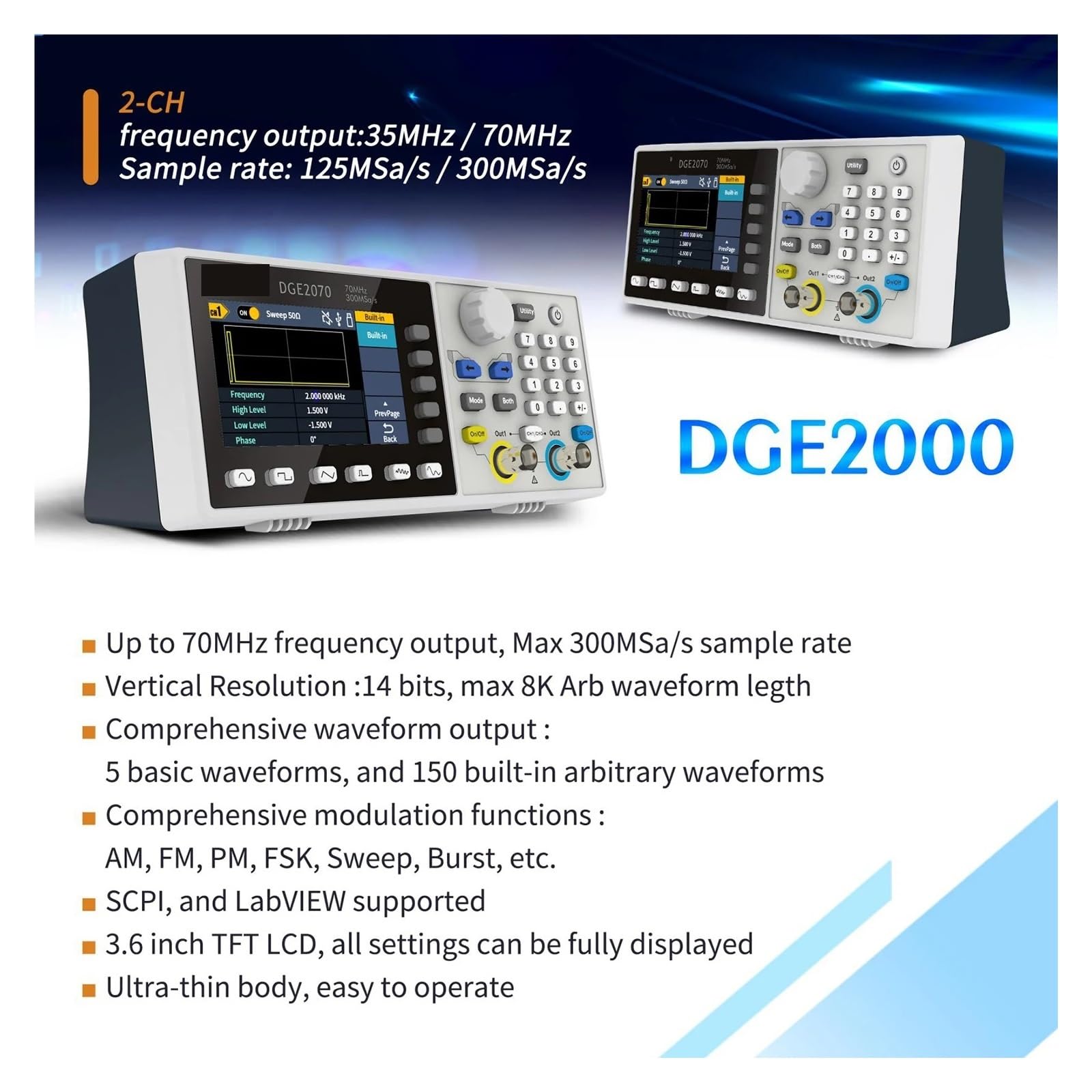 Oscilloscopio Digitale DGE2070 Generatore di Forme d'onda a Doppio Canale, 70 MHz 300 MSa/s Funzione arbitraria a 14 Bit(DGE2035)