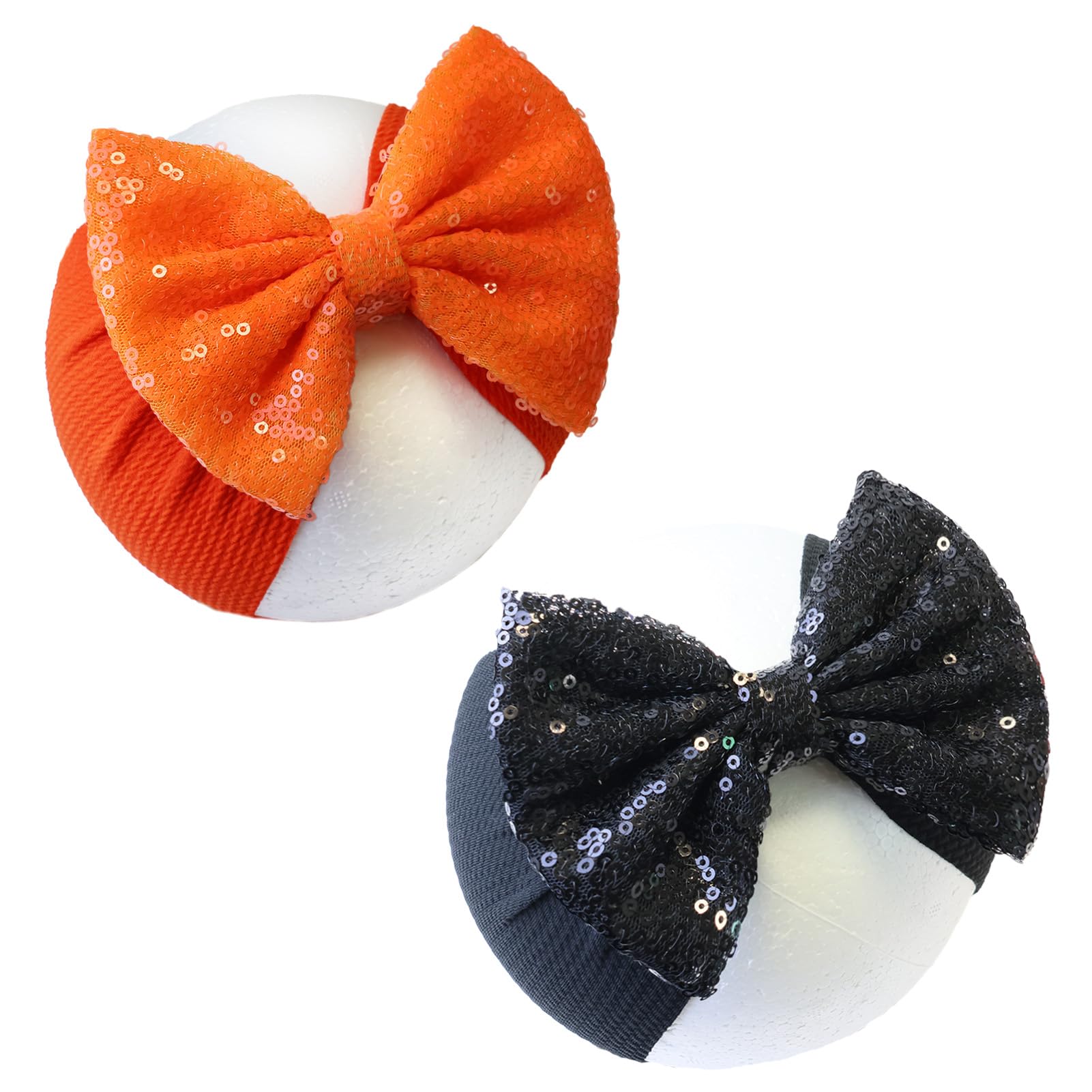 HELYKAKA Halloween Hair Band, Pack of 2 Orange Sequins and Yellow Baby Girls Elastic Wide Hair Bands for Baby Girls Hair Accessories Newborn Toddler Infant Gift