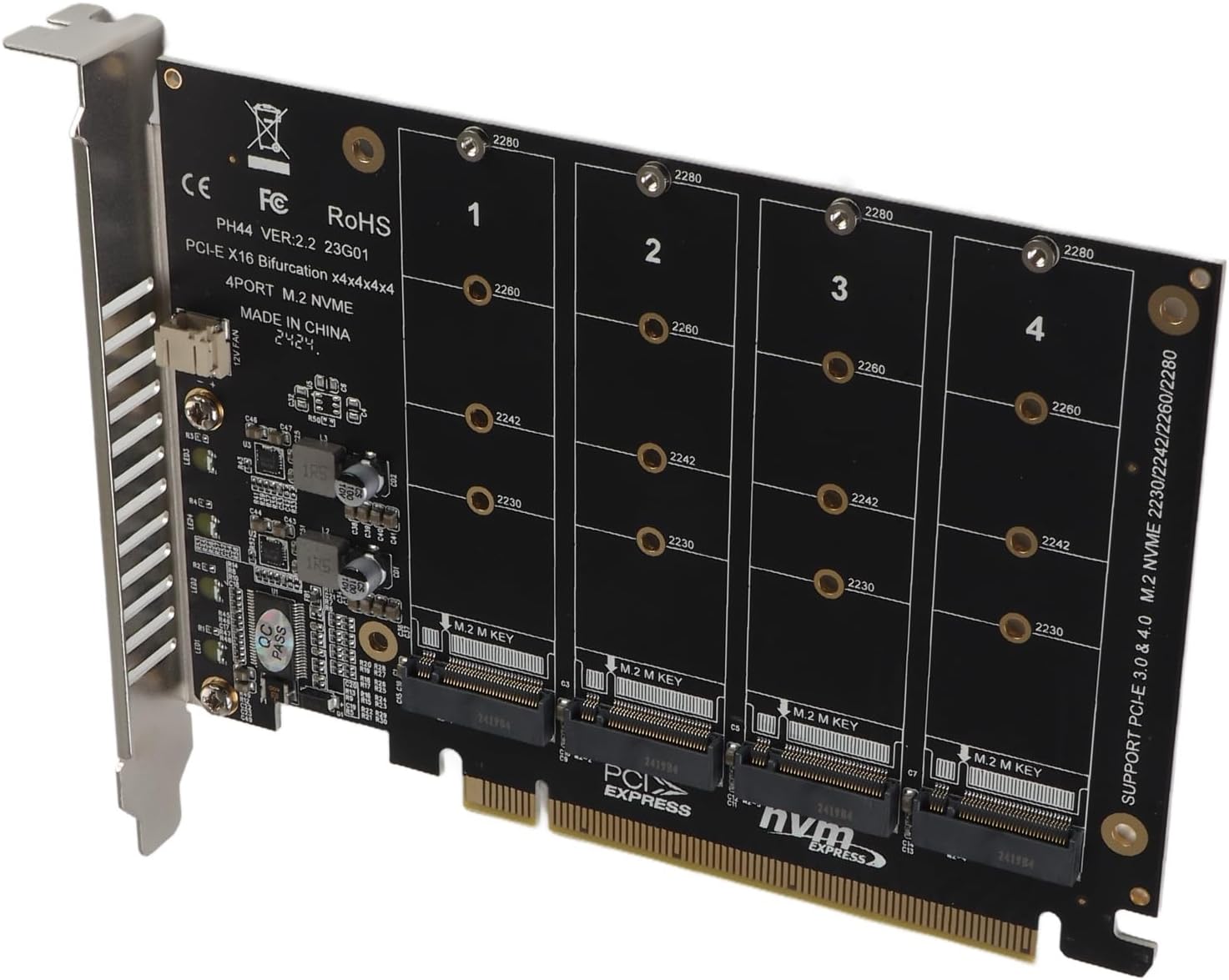 M2 NVMe SSD to PCIE X16 Adapter Card, 4 Port M Key Hard Drive Converter Reader Expansion Card with 4 LED Indicators, Supports PCIE 3 0, 4 0 Protocol(ph44)