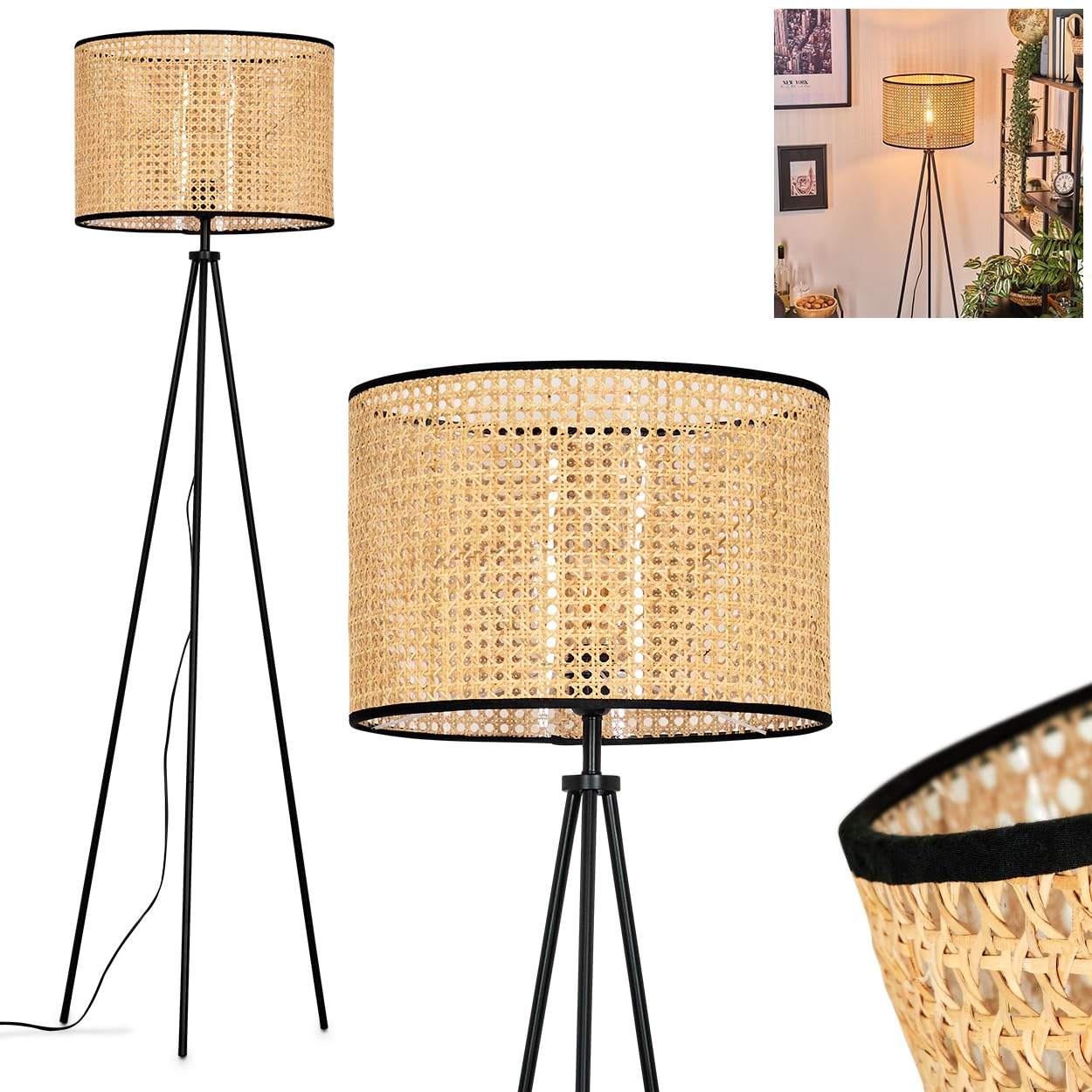 Lampadaire Ramila, en bois/osier viennois/rotin de couleur naturelle/noir, lampe de style scandinave avec abat-jour rond (Ø 40 cm) et interrupteur au pied, hauteur 155 cm, 1x E27, sans ampoule
