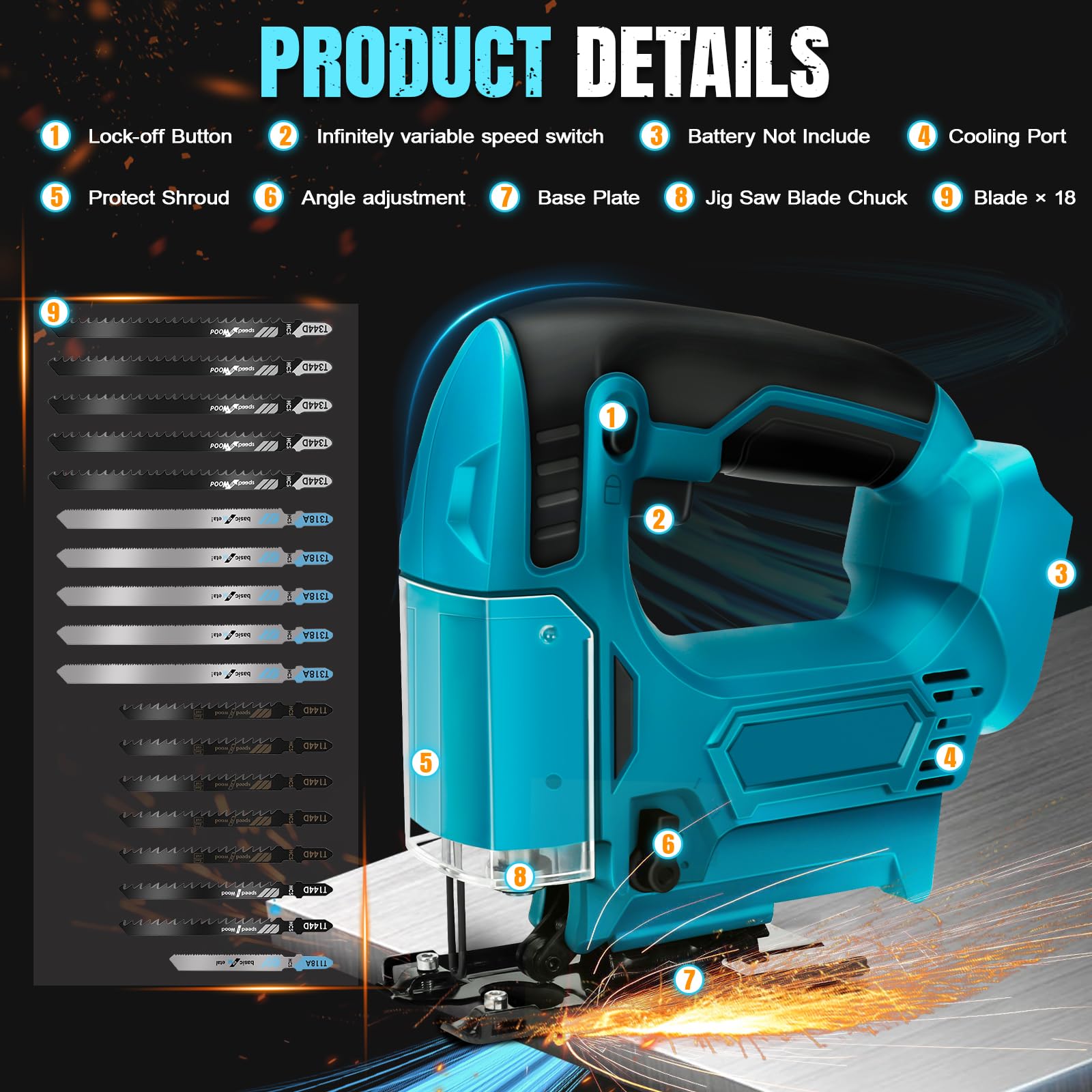 WingFly Seghetto Alternativo a Batteria per Makita 18V, Seghetto Alternativo Elettrico 2700 SPM con 10 Lame, Velocità variabile, Angolo Inclinato 0°-45° per Legno Plastica Metallo