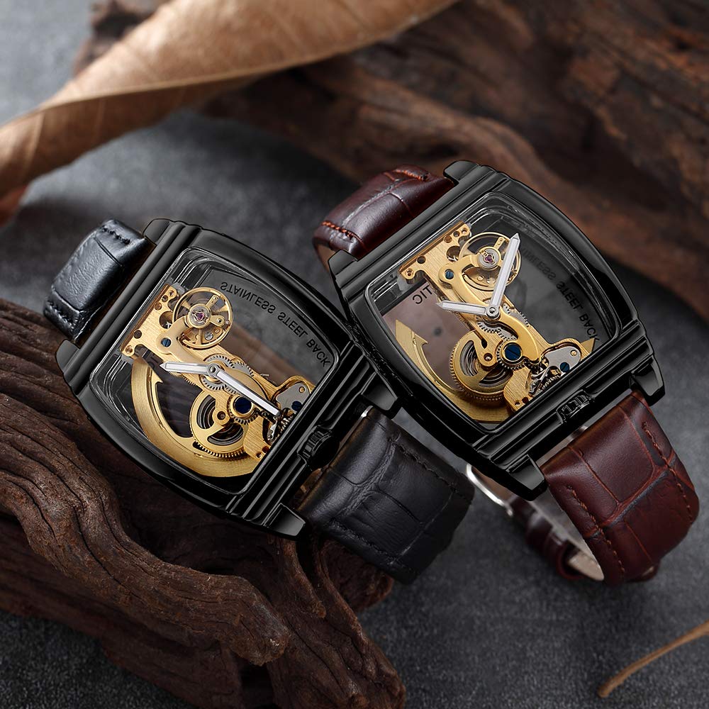 Reloj mecánico automático transparente para hombre, diseño de esqueleto steampunk, correa de cuero, reloj masculino montre Homme, Marrón y negro, Correa