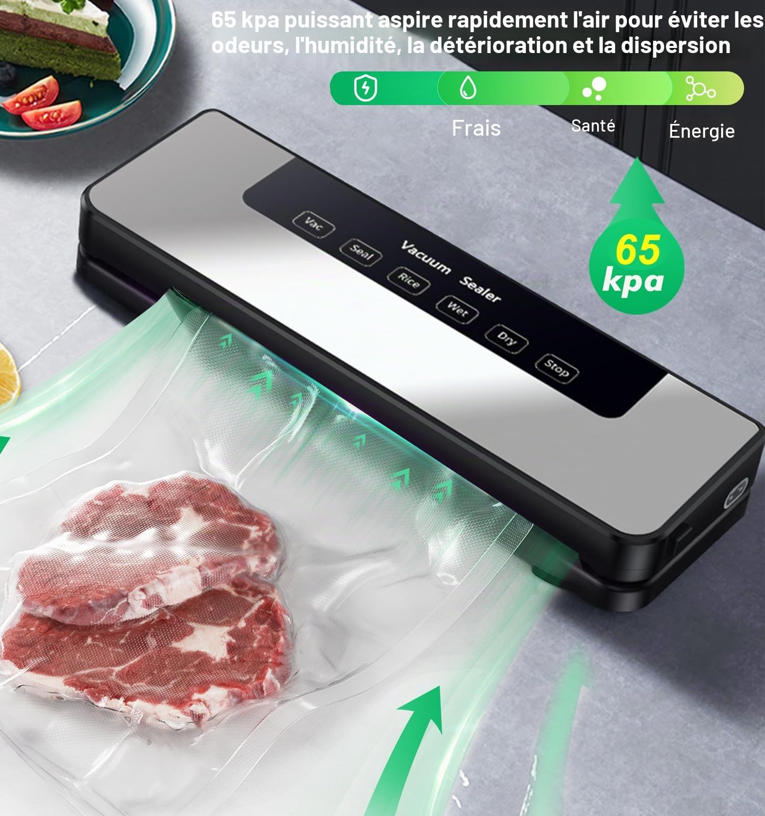 Machine Sous Vide Alimentaire 65 kpa Avec Joint Plus Long de 30mm Sceller Plusieurs Sacs en Même Temps, Machine Sous Vide Pour Aliments Frais Secs et Humides, Enveloppes Pour Aspirateur Incluses