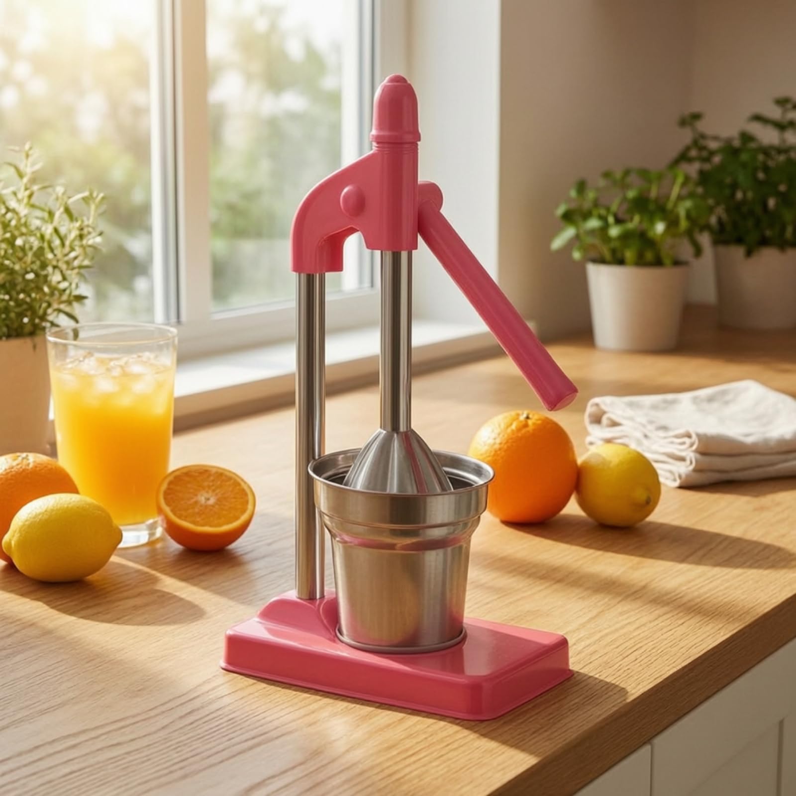 Exprimidor Manual de Jugo Extractor de Frutas de Cítricos Palanca Robusta y Copa de Jugo Cilíndrica de Acero Inoxidable 304 Fácil, Naranja