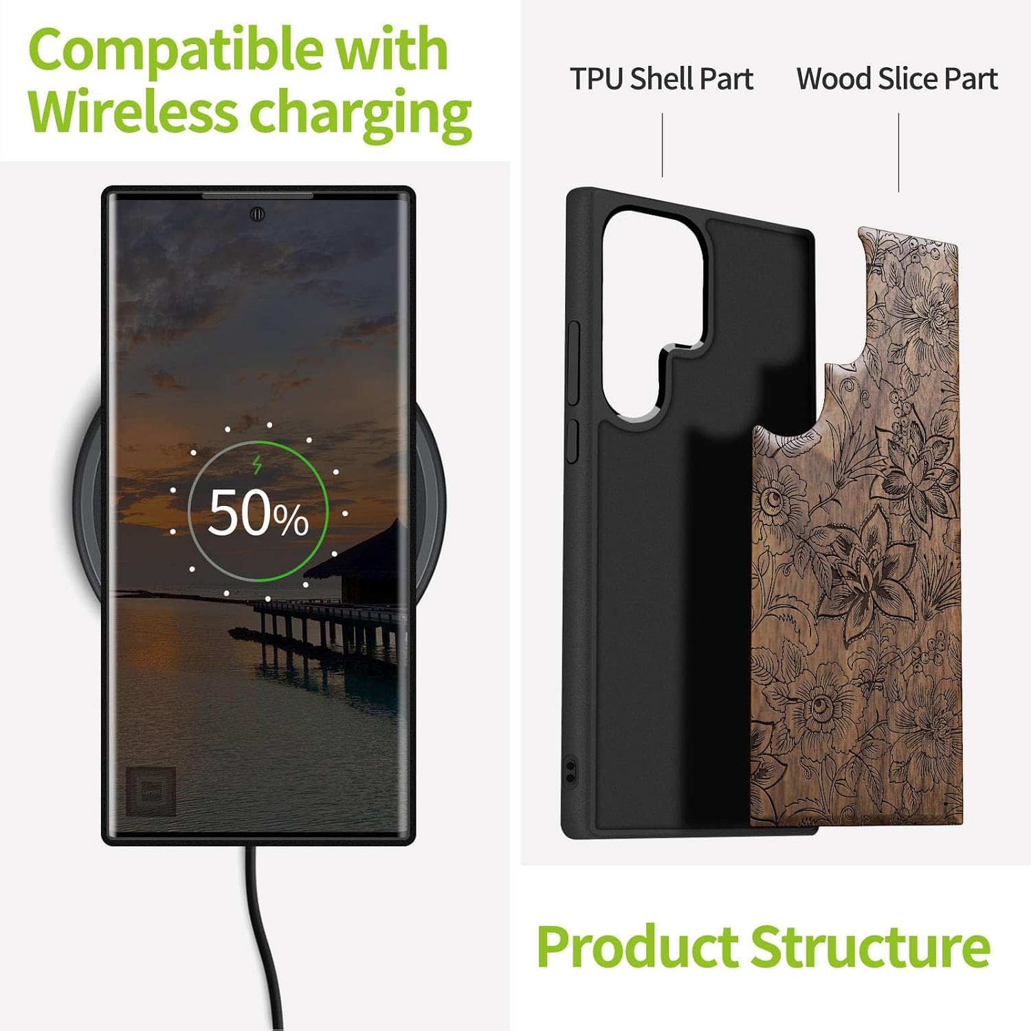 Carveit Wood Case for Galaxy S22 Ultra Case [Natural Wood & Black Soft TPU] Shockproof Protective Cover Unique Wooden Design Compatible with Samsung S22 Ultra (Flowers and Leaves-Walnut)