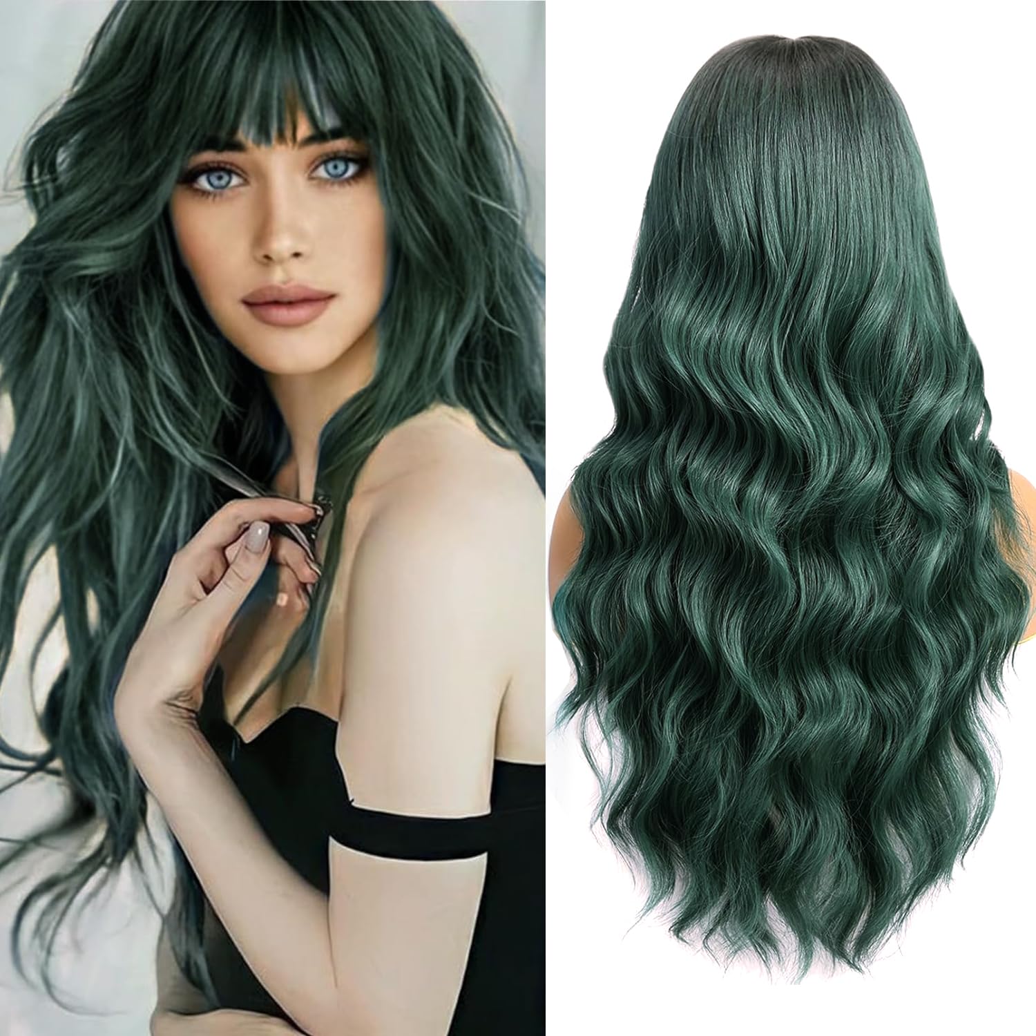PORSMEER Long Wavy Curly Dark Green Wig with Fringe for Women Natural Synthetic Hair Heat Resistant Wigs for Ladies Daily pr Party Cosplay Wear-26 Inches
