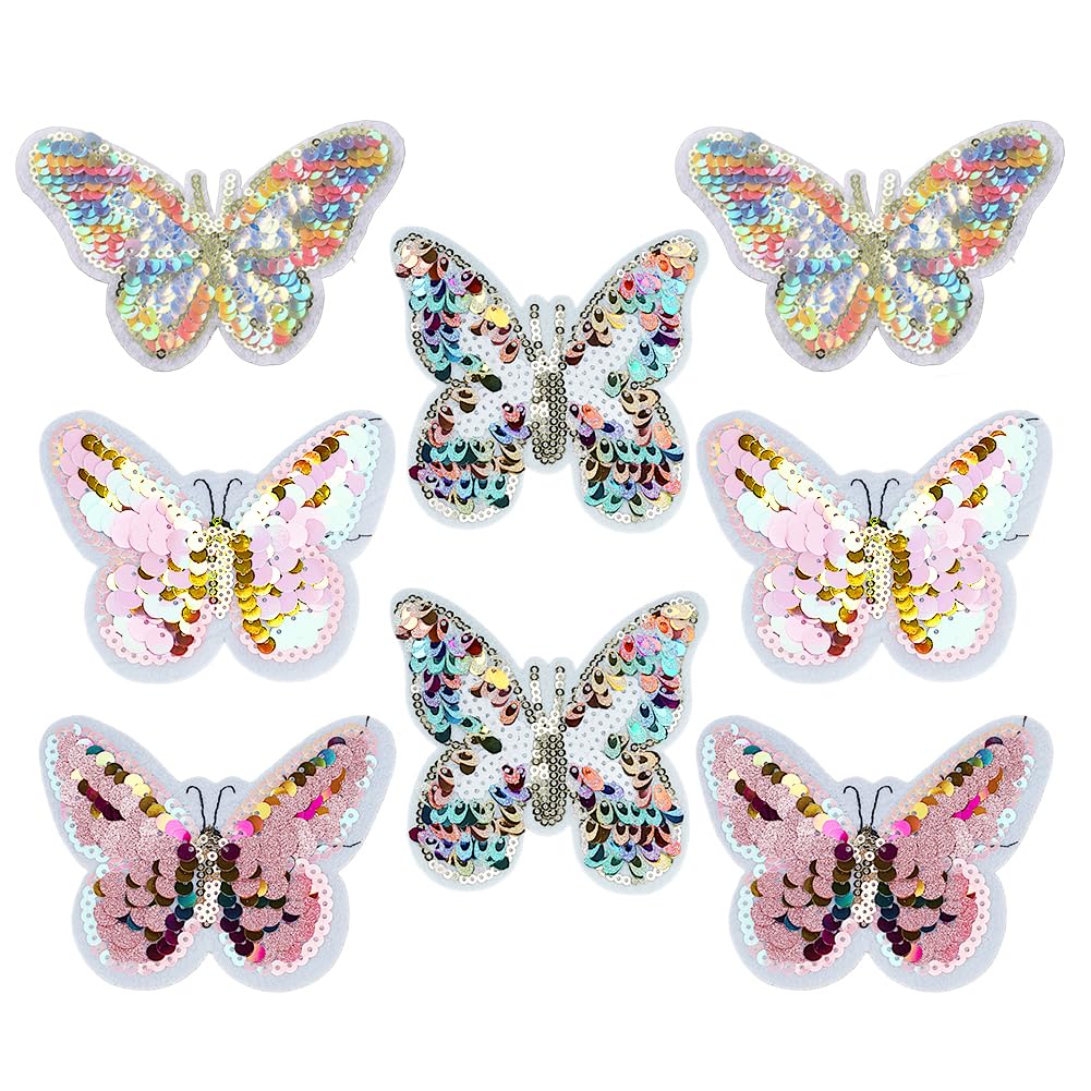 Lot de 2 appliques à broder à paillettes avec motif papillon, fer à repasser sur patchs pour t-shirt, jeans, vêtements, sacs, pour réparer et décorer, rouge rose