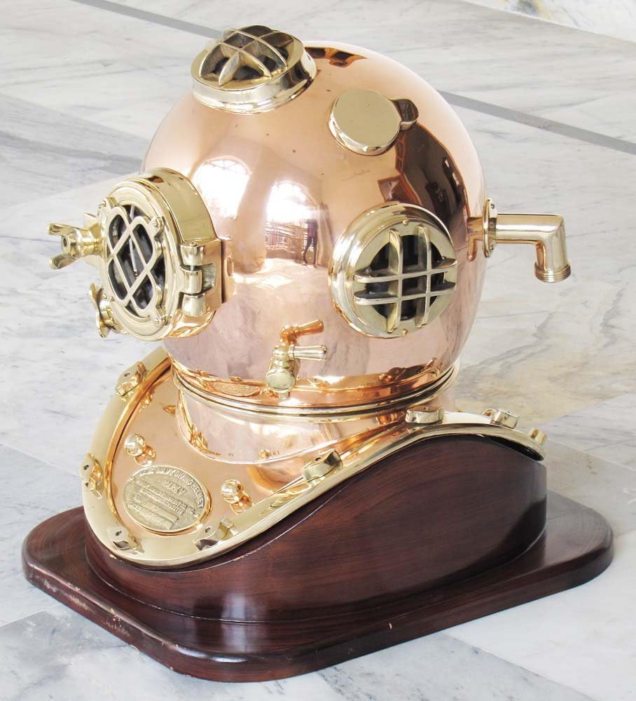 Vintage Armour Store Nautical US Navy Mark V Solid Shiny Brass & Copper Divers Diving Helmet