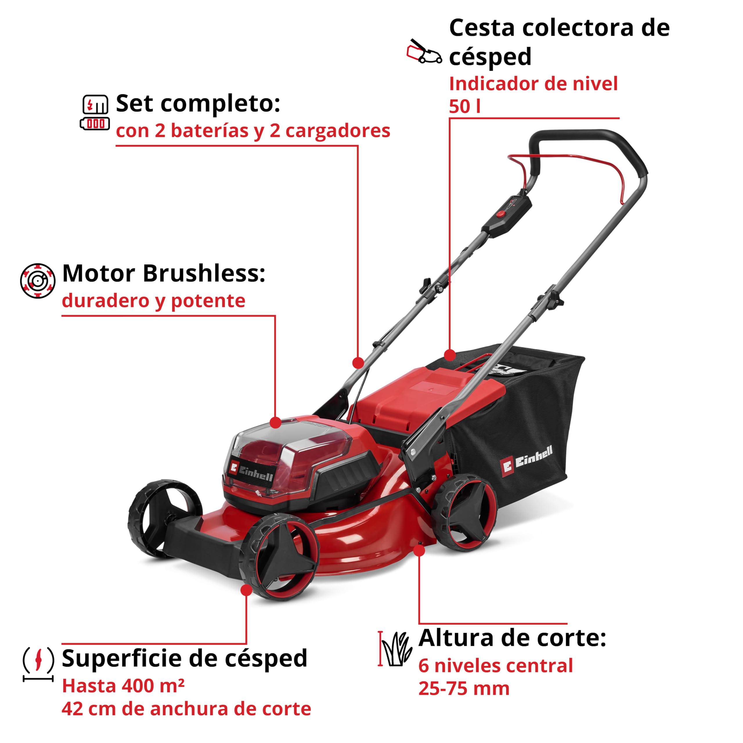 Einhell cortacésped con batería GC-CM 36/42 Li BL (2x4,0Ah) Power X-Change (36 V, 42 cm de Ancho de Corte, hasta 400 m², Brushless, Cesta 50 L, Incl. 2 baterías 4,0Ah + 2 Cargadores)