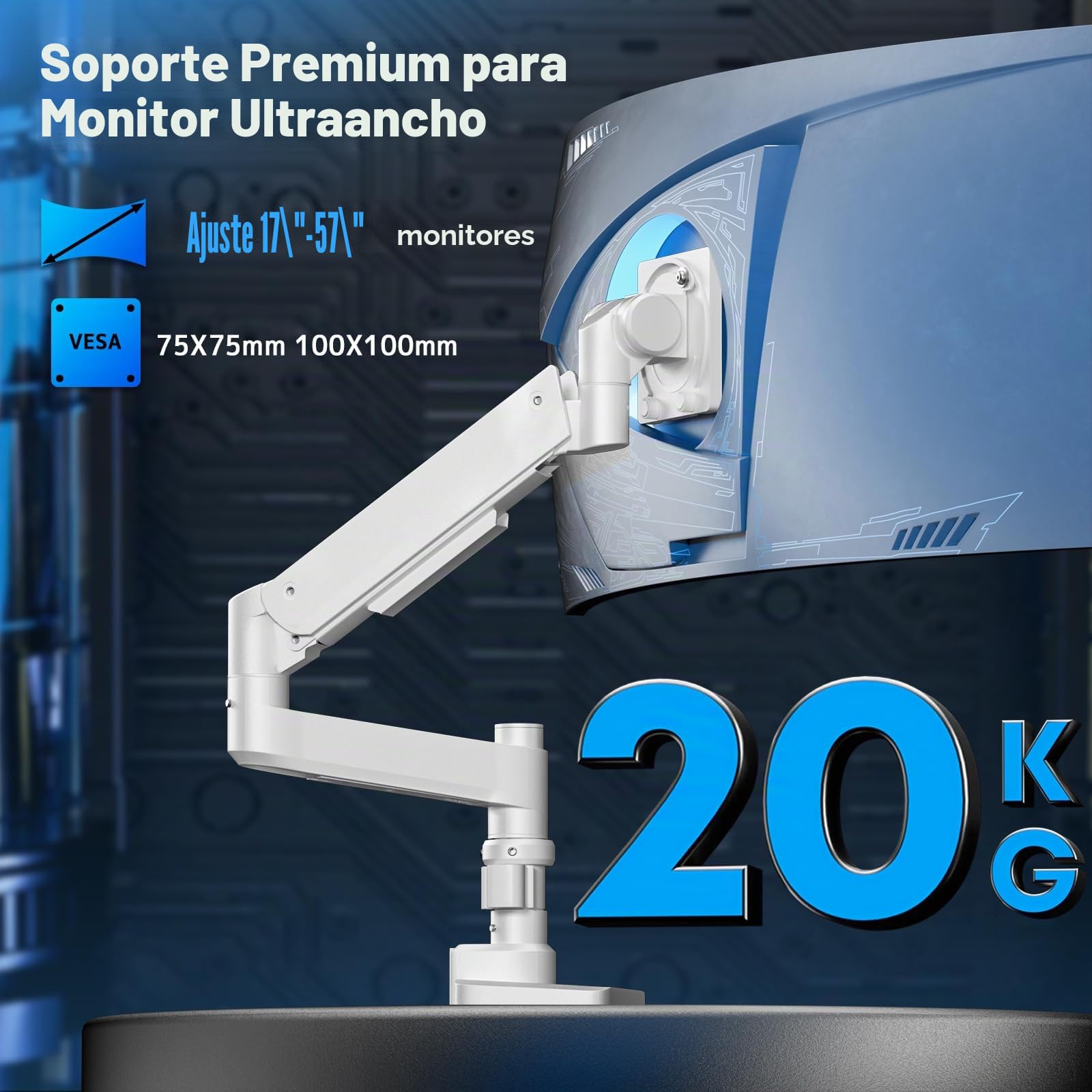 Soporte de Monitor para Pantalla Plana y Curvada de 17 – 57 Pulgadas, Muelle de Gas, Altura Ajustable, inclinable, Capacidad de Peso de 2 – 20 kg por,VESA 75/100 mm,Blanco