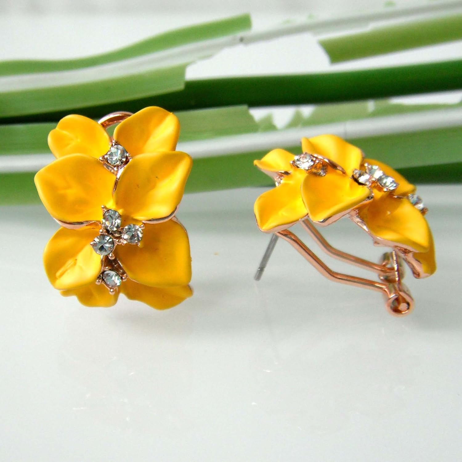 Navachi 18k Gold Plated White Crystal colorful Enamel Leaves Flower Omega Back Earrings - Image 4